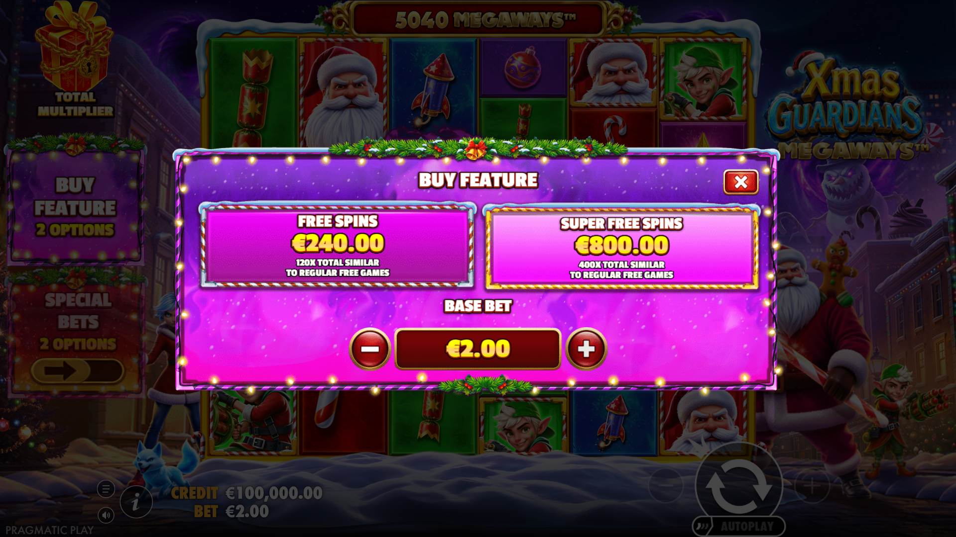 Xmas Guardians Megaways bonus buy menu