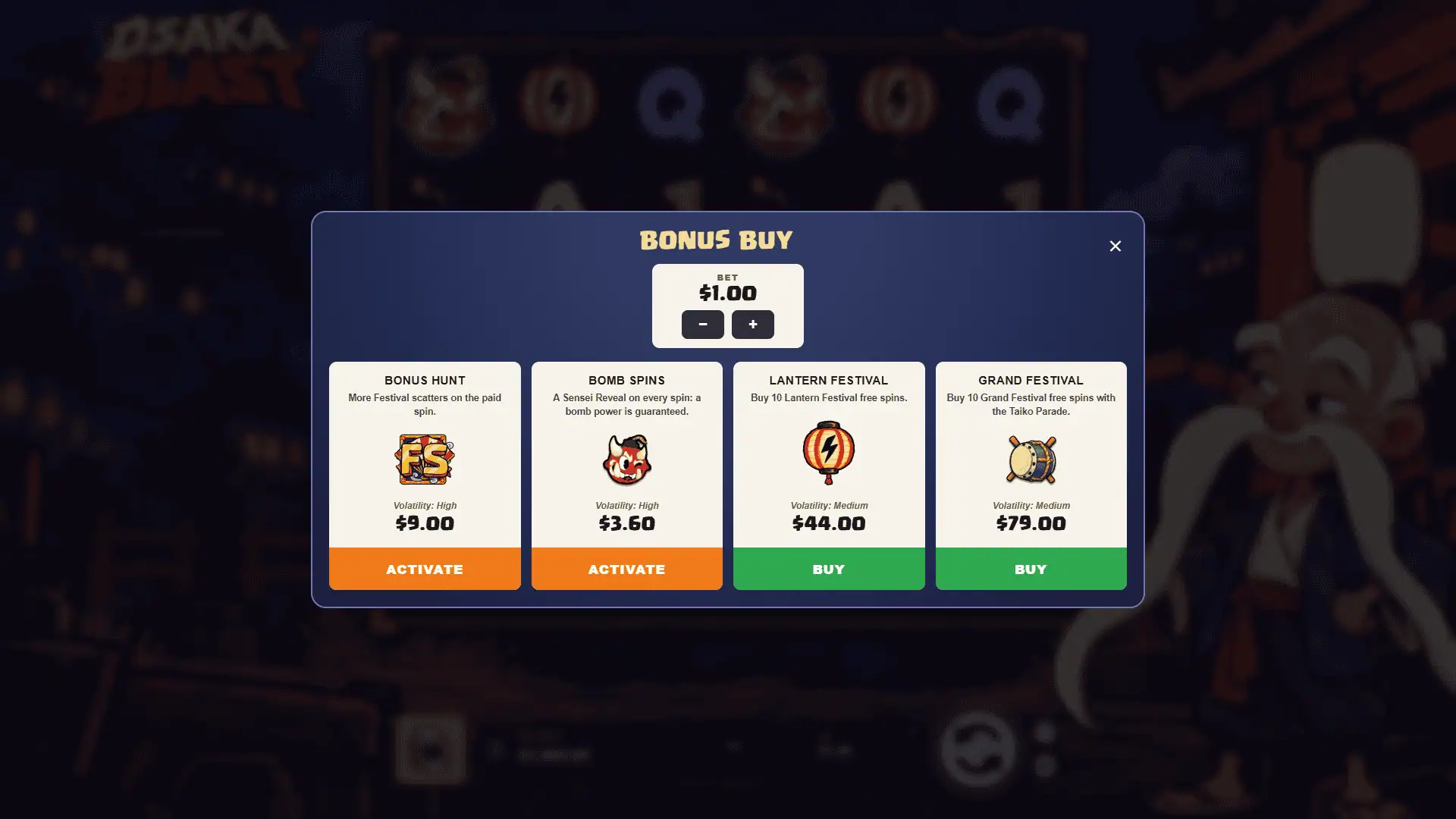 Osaka Blast bonus buy menu