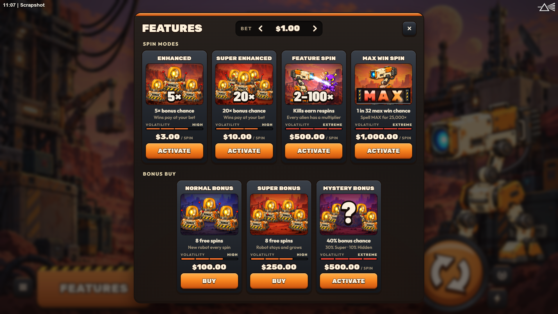 Scrapshot bonus buy menu