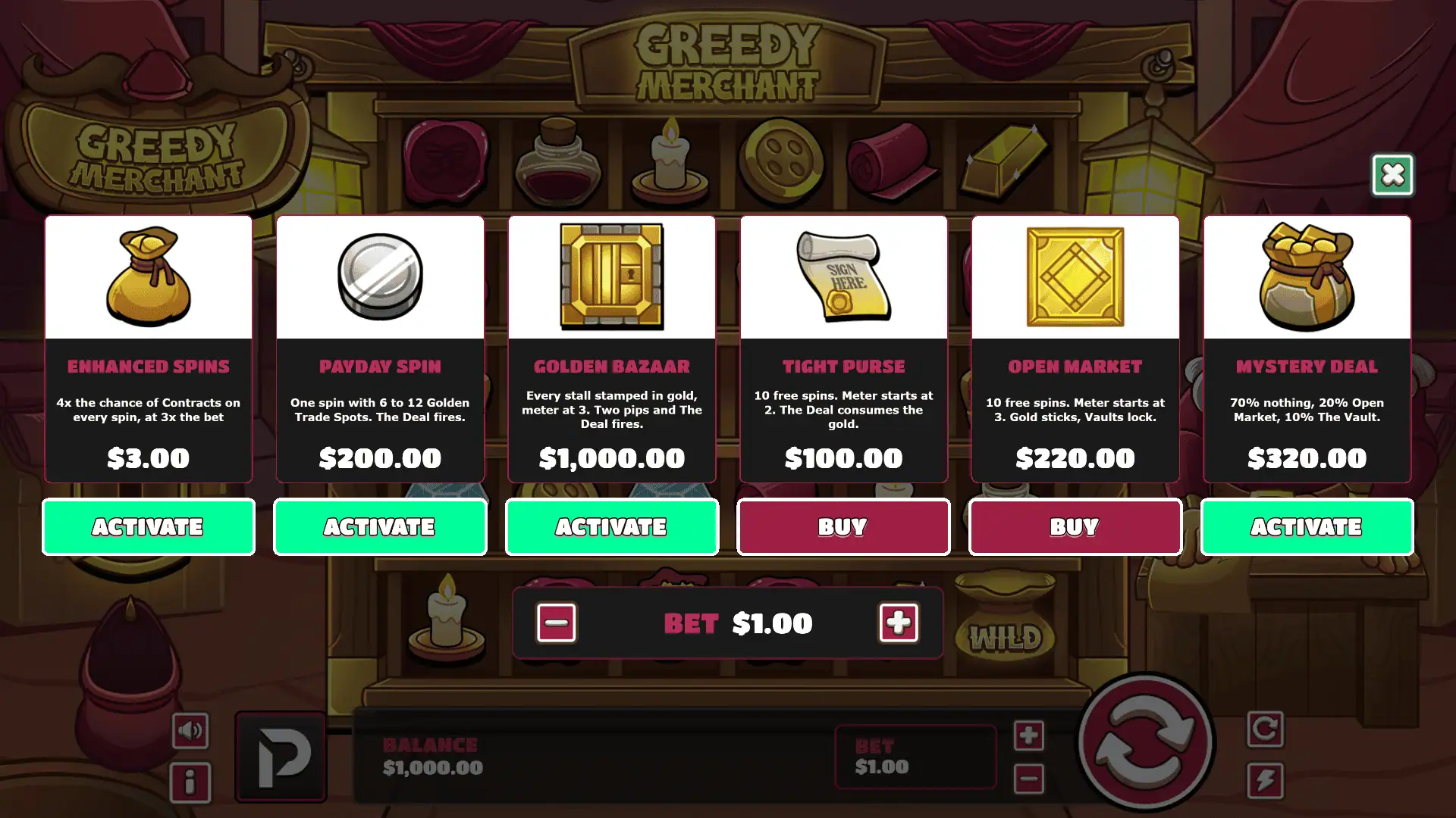 Greedy Merchant bonus buy menu