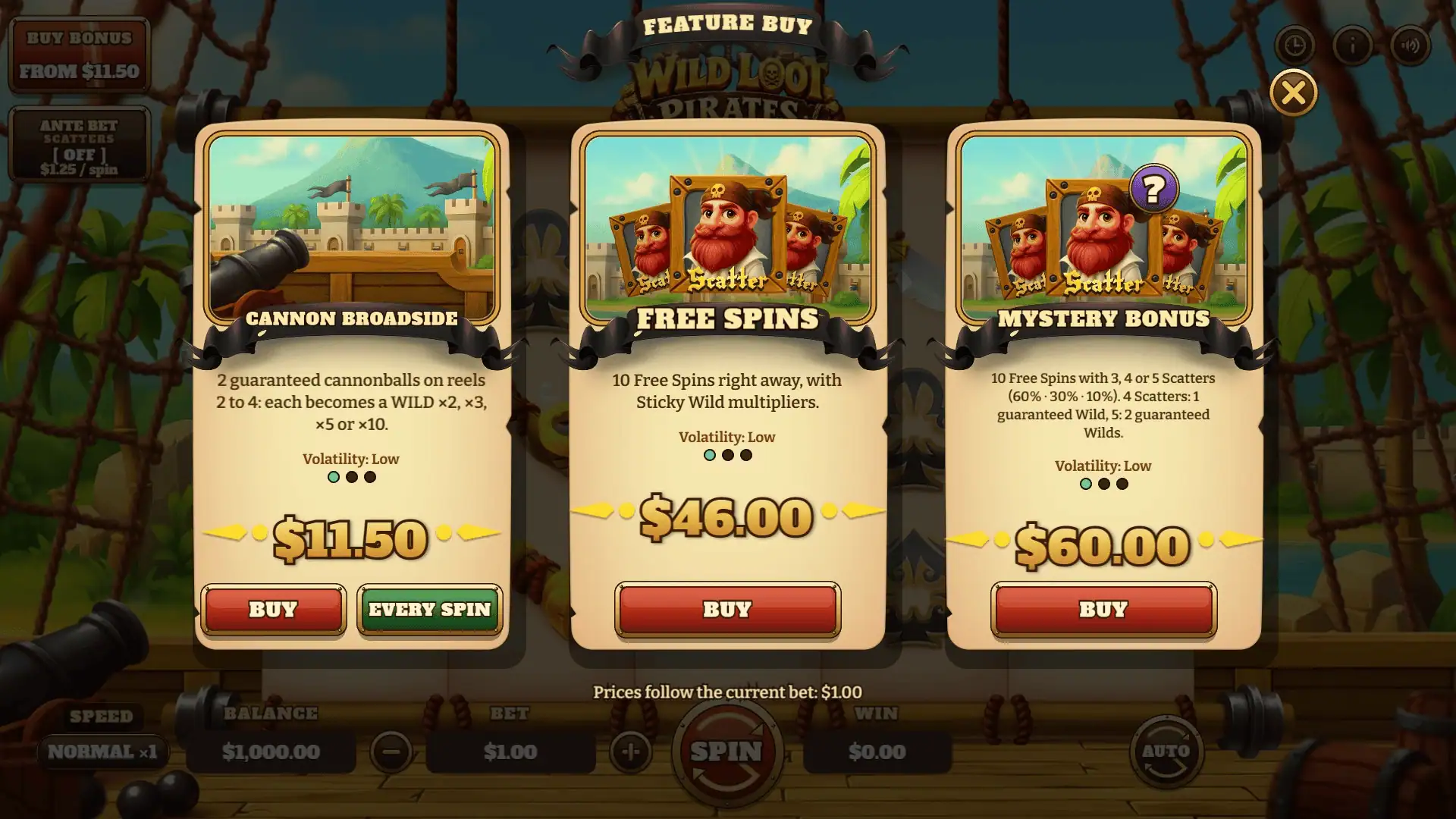 Wild Loot Pirates bonus buy menu