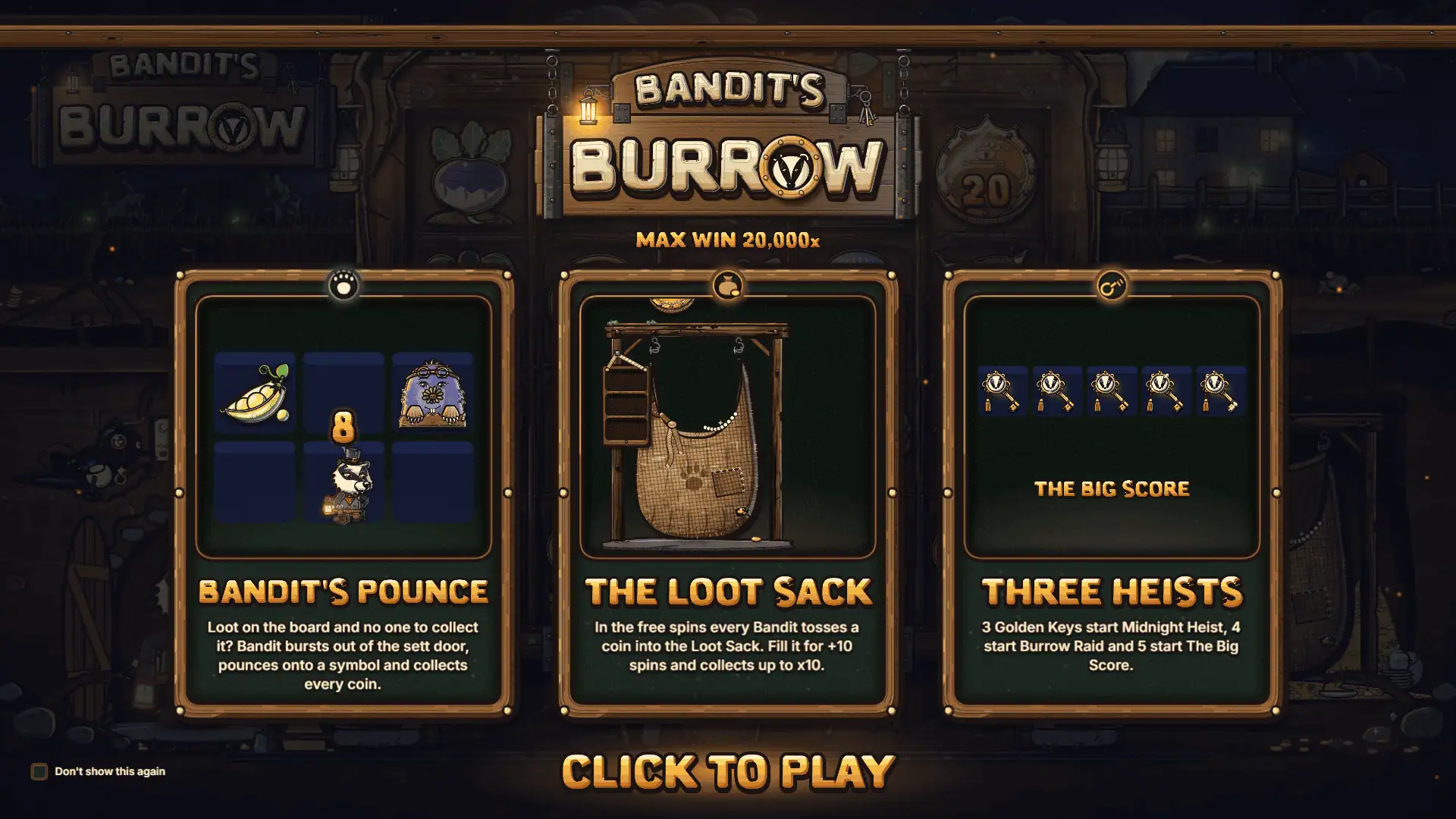 Bandit's Burrow slot intro screen