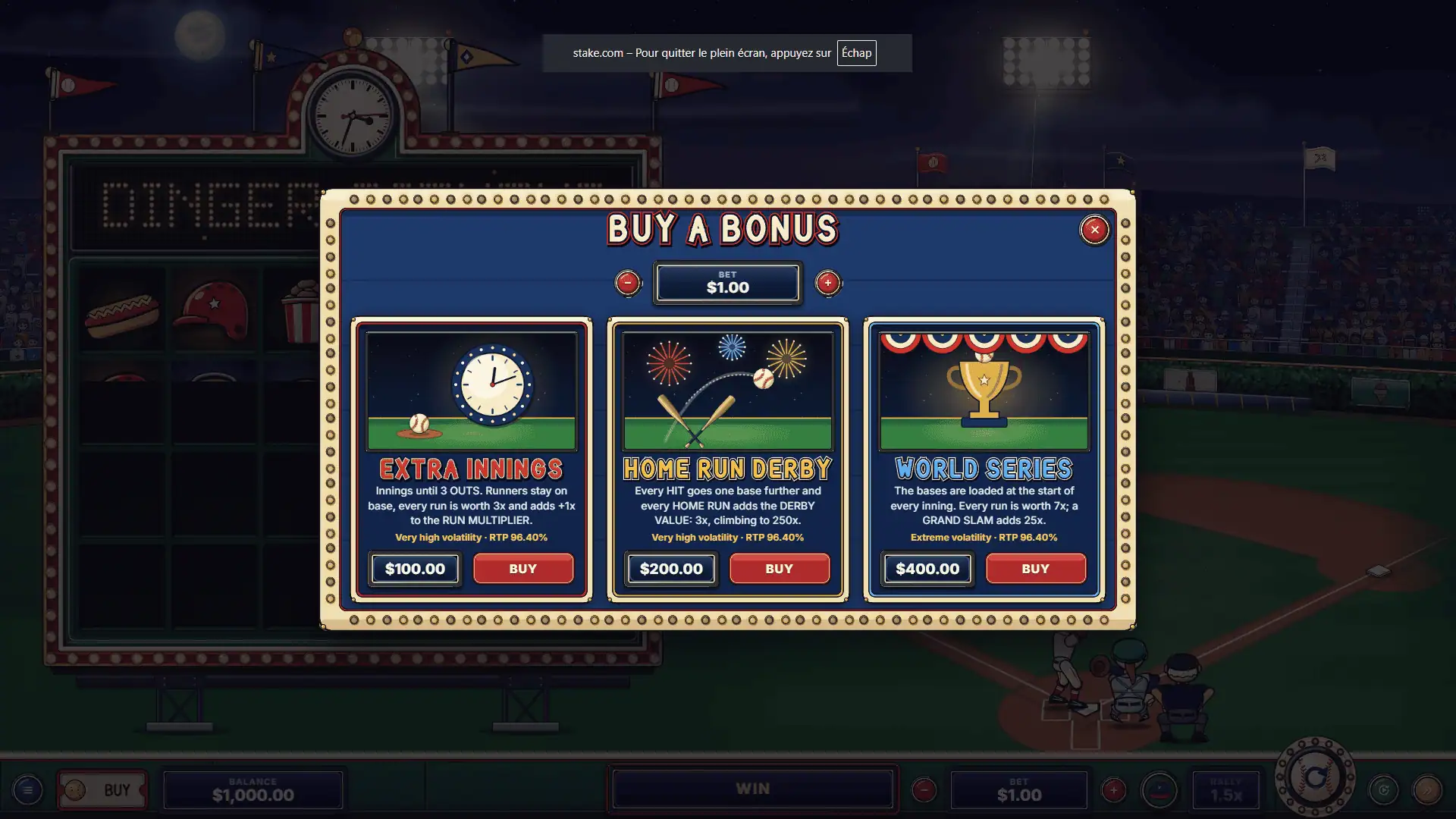 Dinger Diamond bonus buy menu