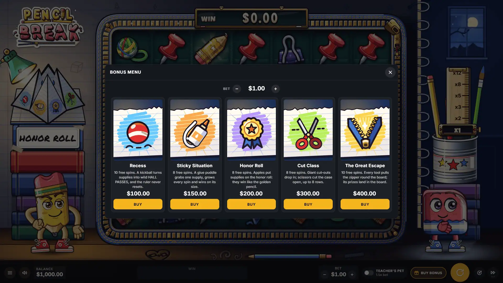 Pencil Break bonus buy menu