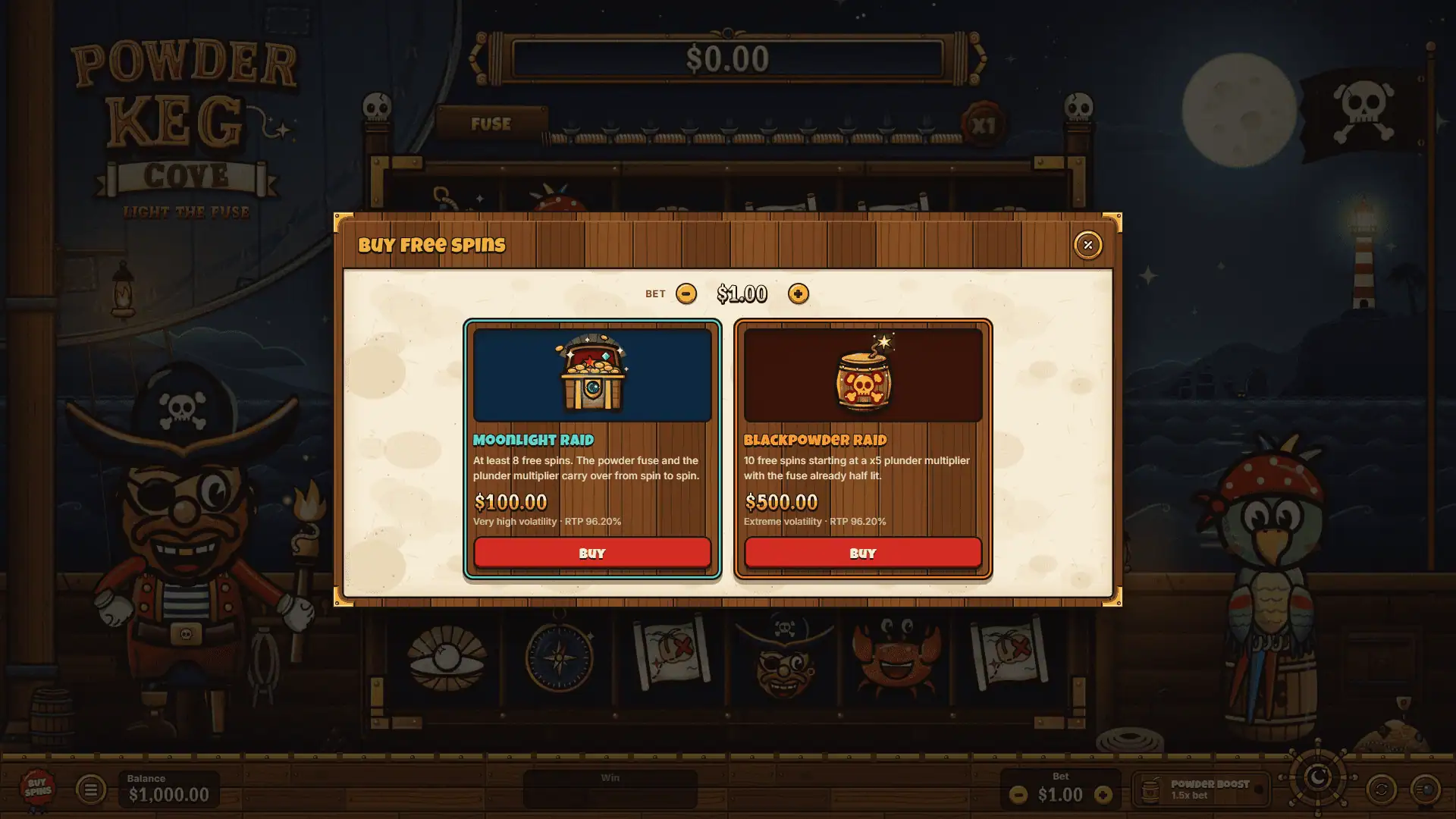 Powder Keg Cove bonus buy menu