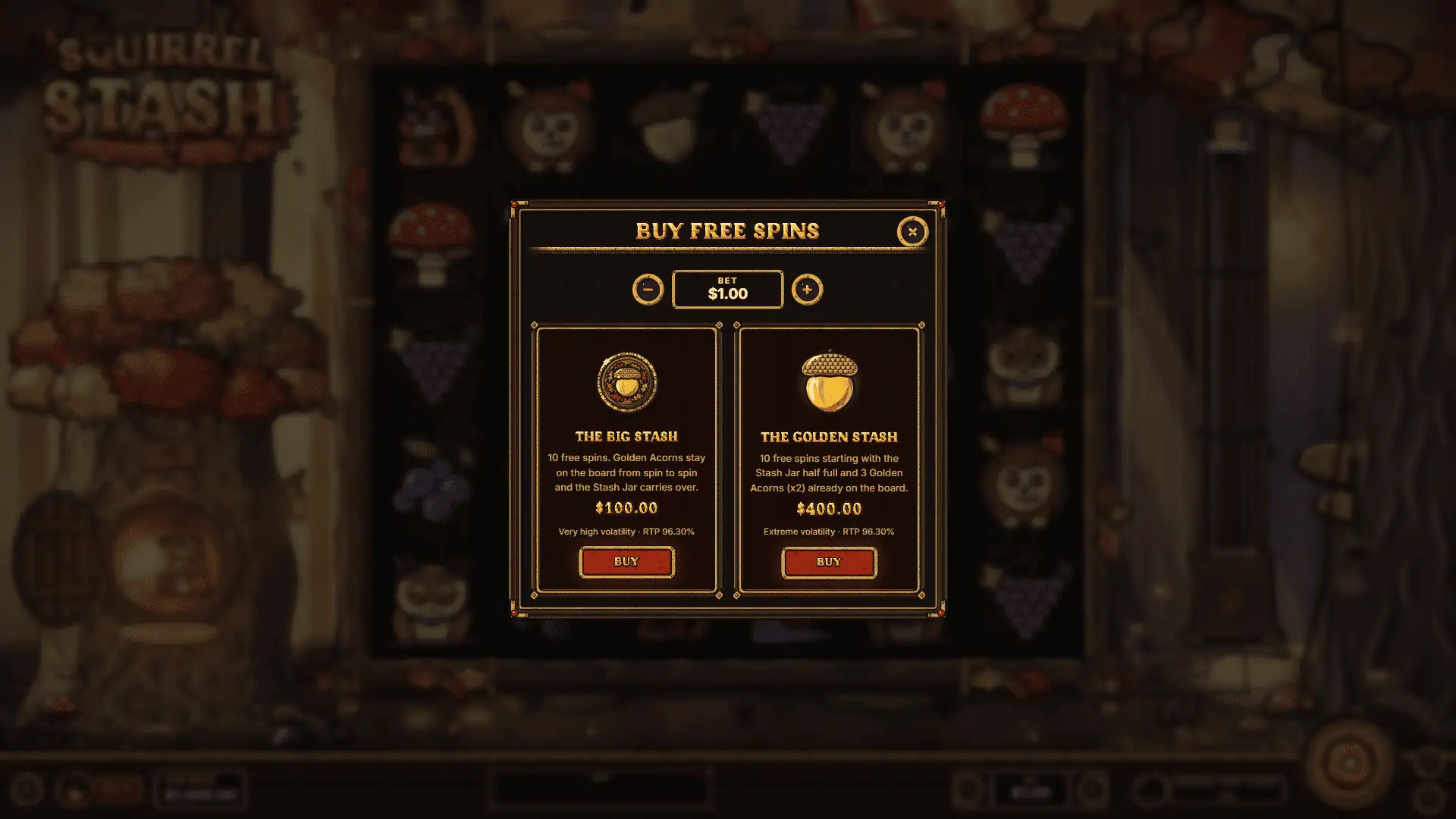 Squirrel Stash bonus buy menu