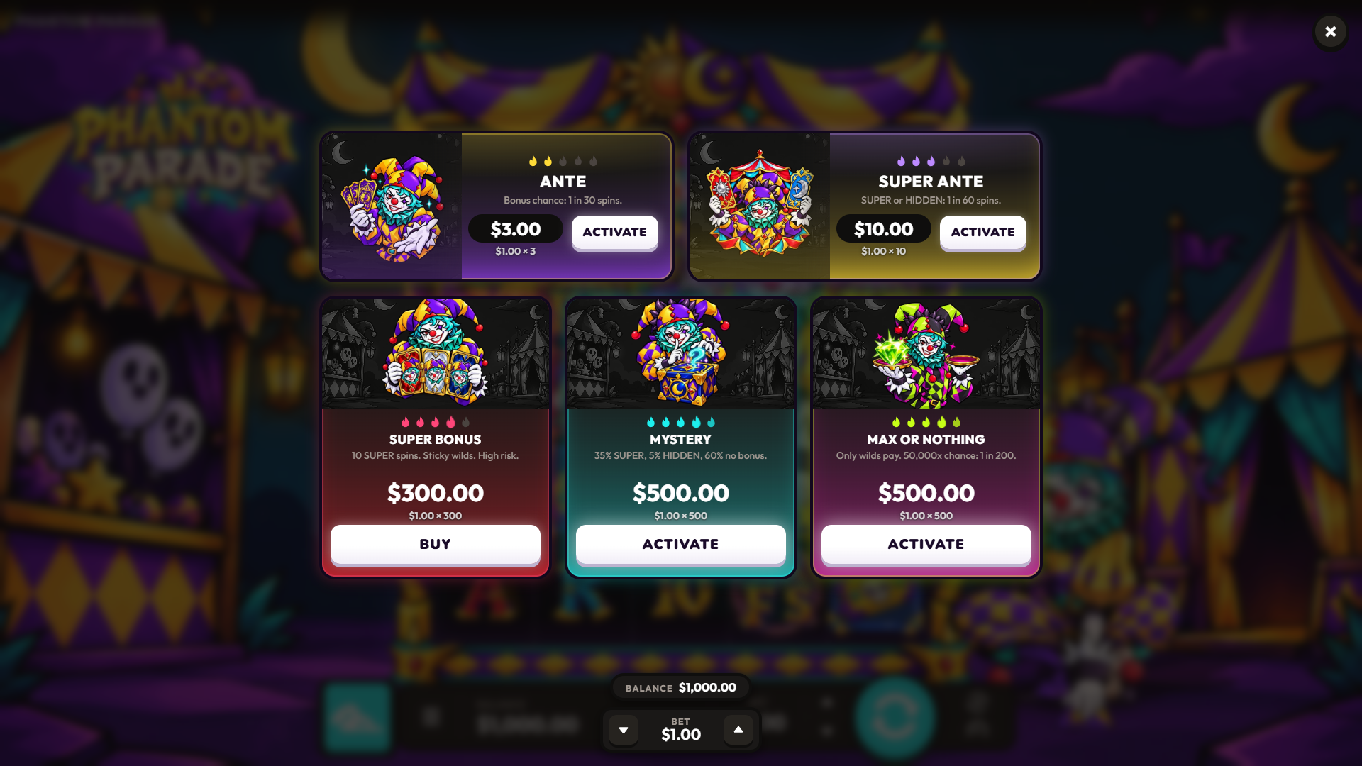 Phantom Parade bonus buy menu