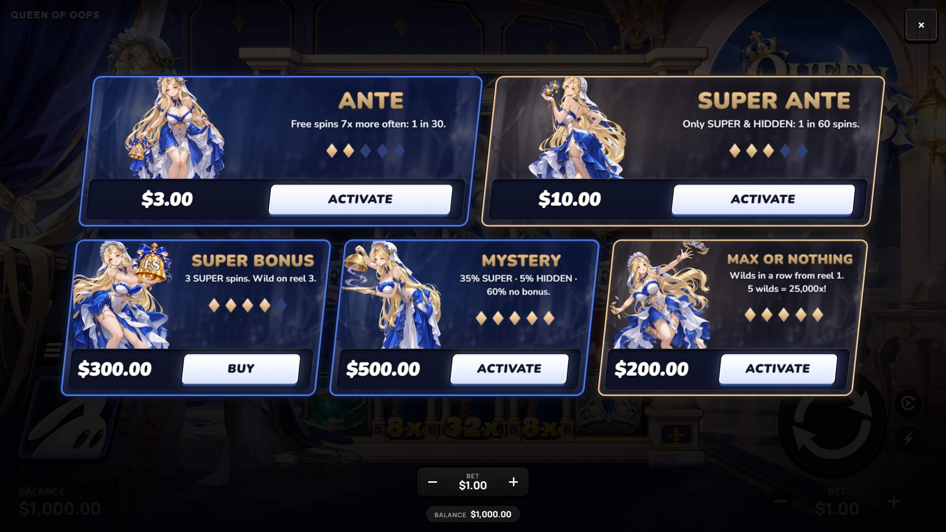 Queen of Oops bonus buy menu