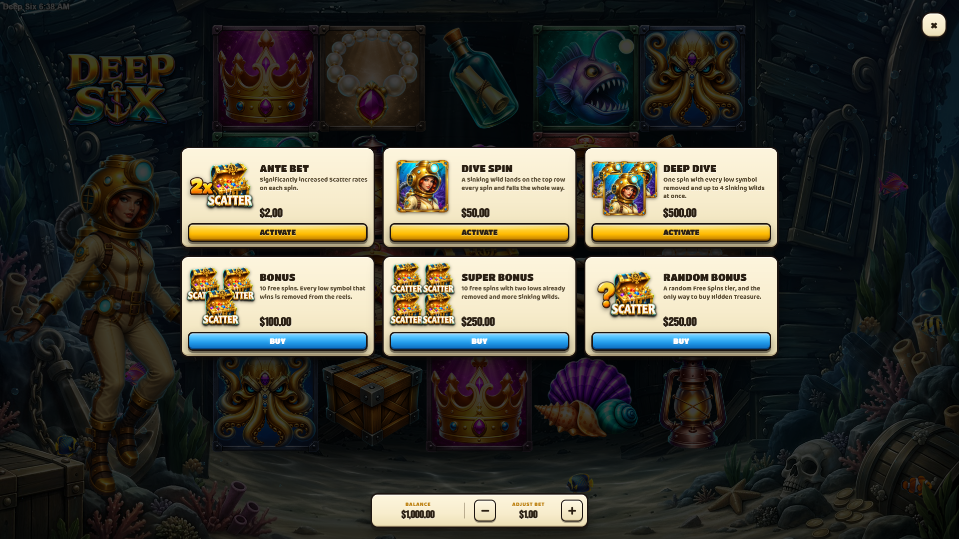 Deep Six bonus buy menu