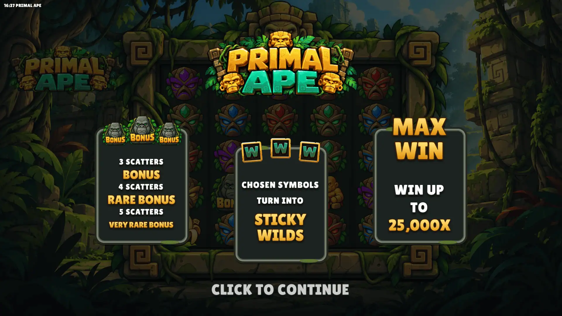 Primal Ape slot intro screen
