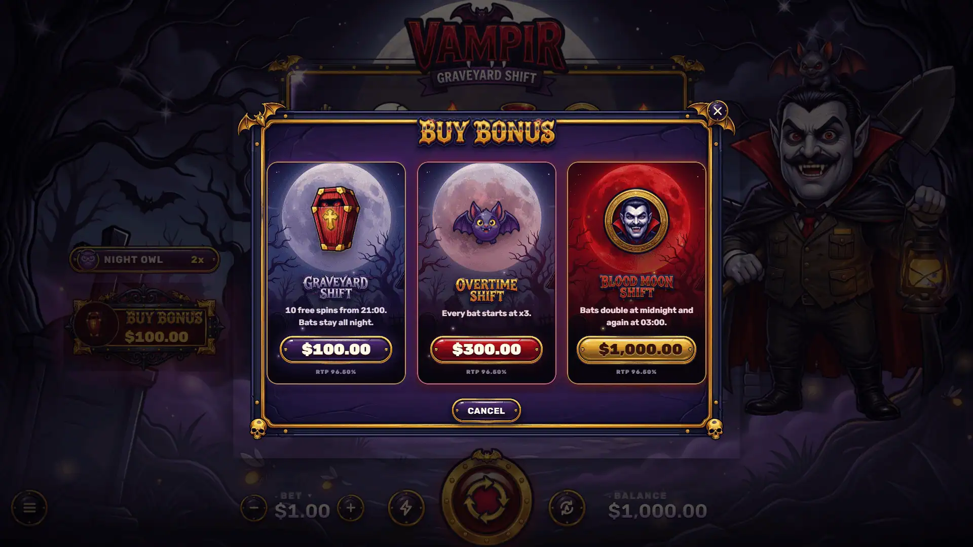 Vampir: Graveyard Shift bonus buy menu