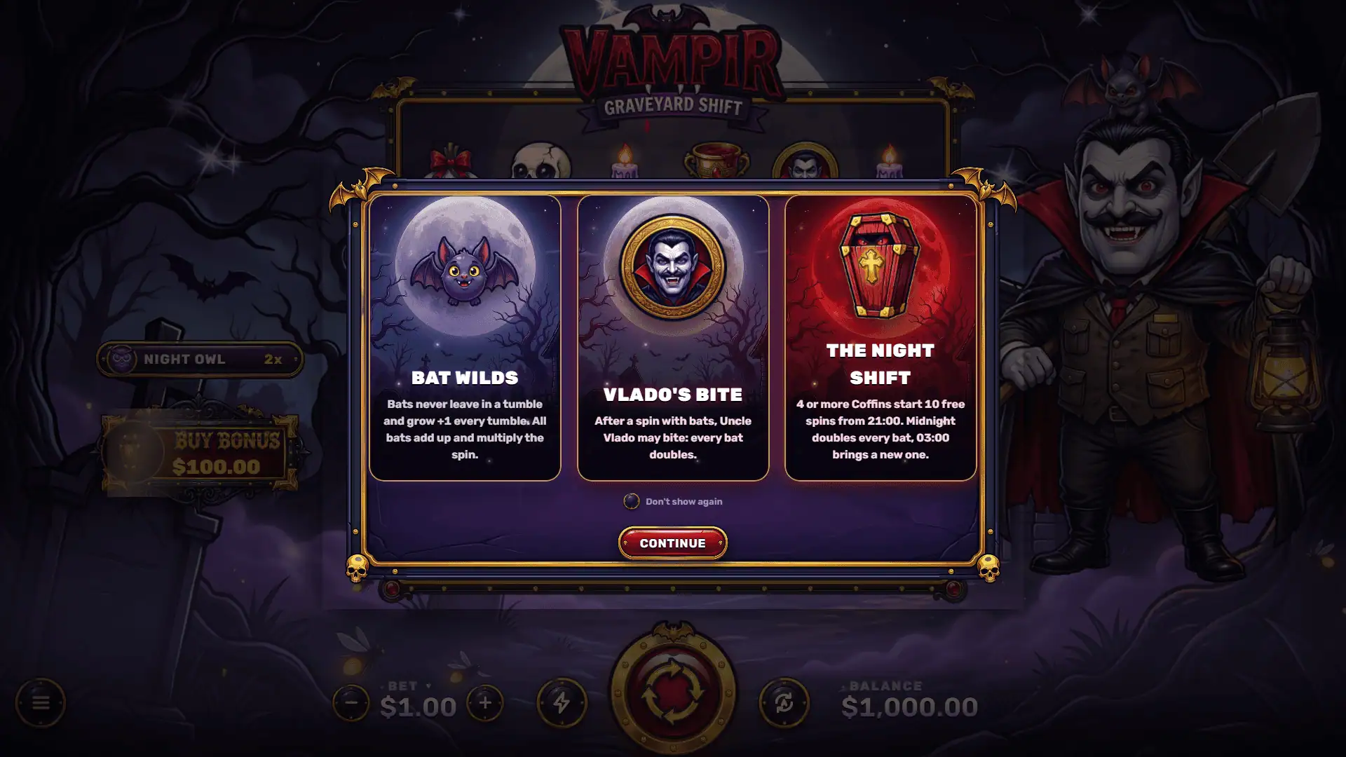 Vampir: Graveyard Shift slot intro screen