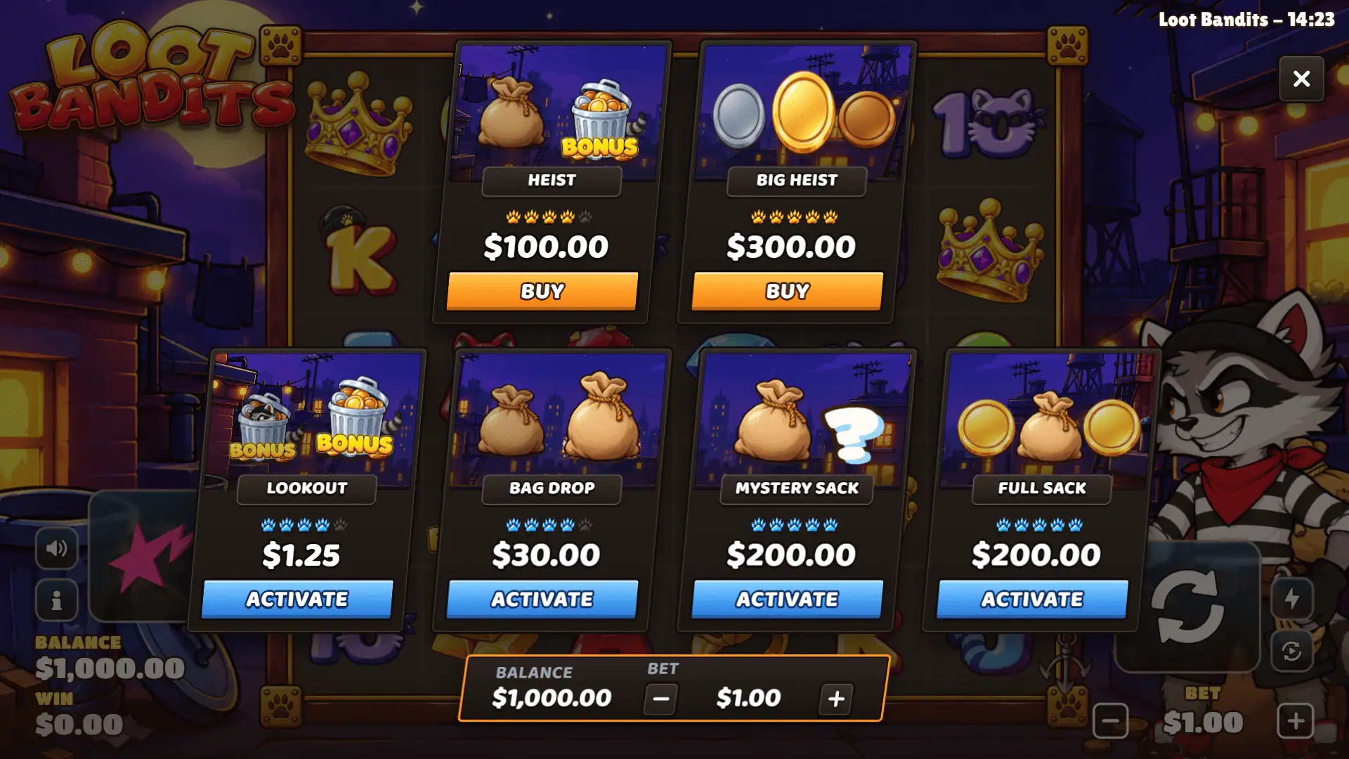 Loot Bandits bonus buy menu