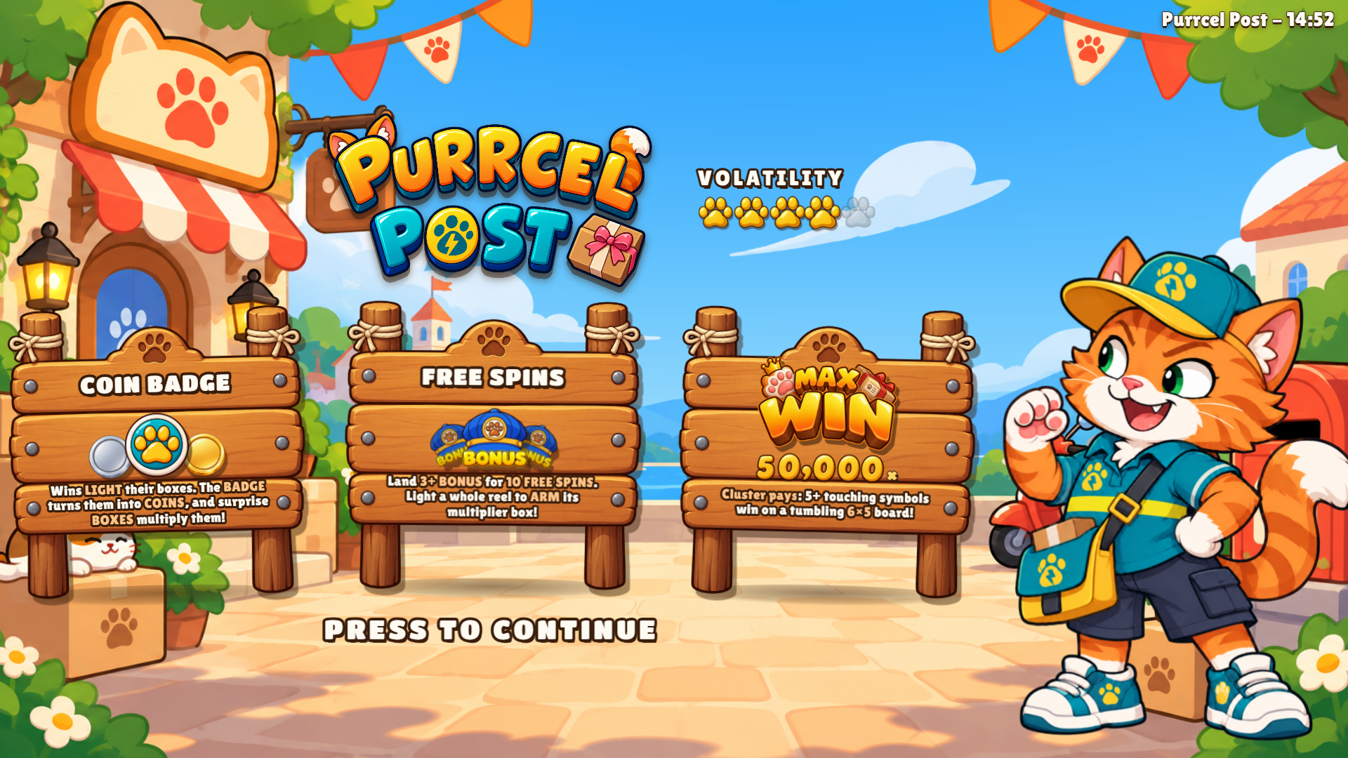 Purrcel Post slot intro screen