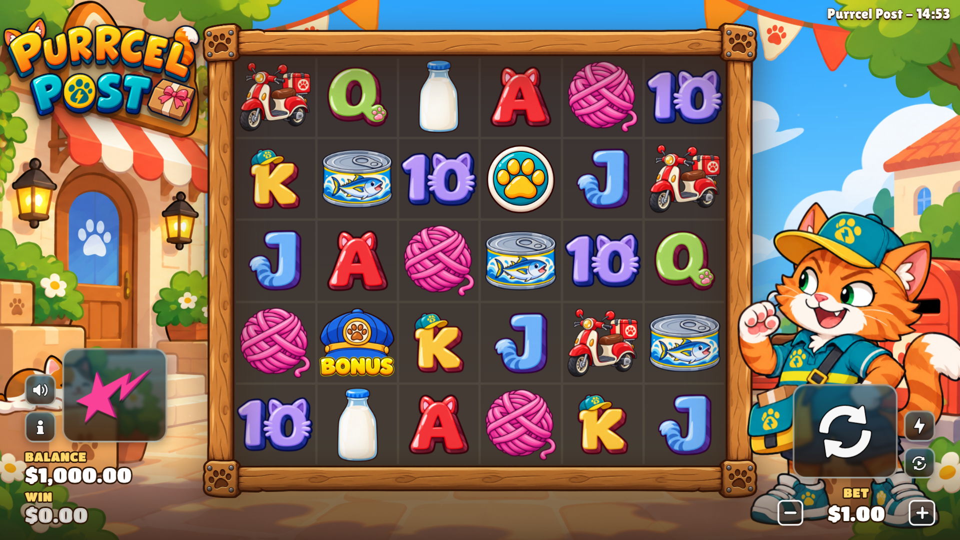 Purrcel Post slot gameplay reels