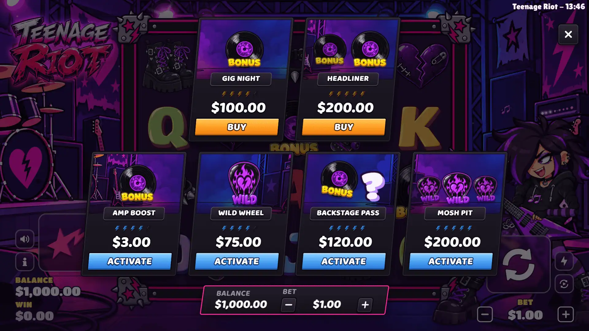 Teenage Riot bonus buy menu