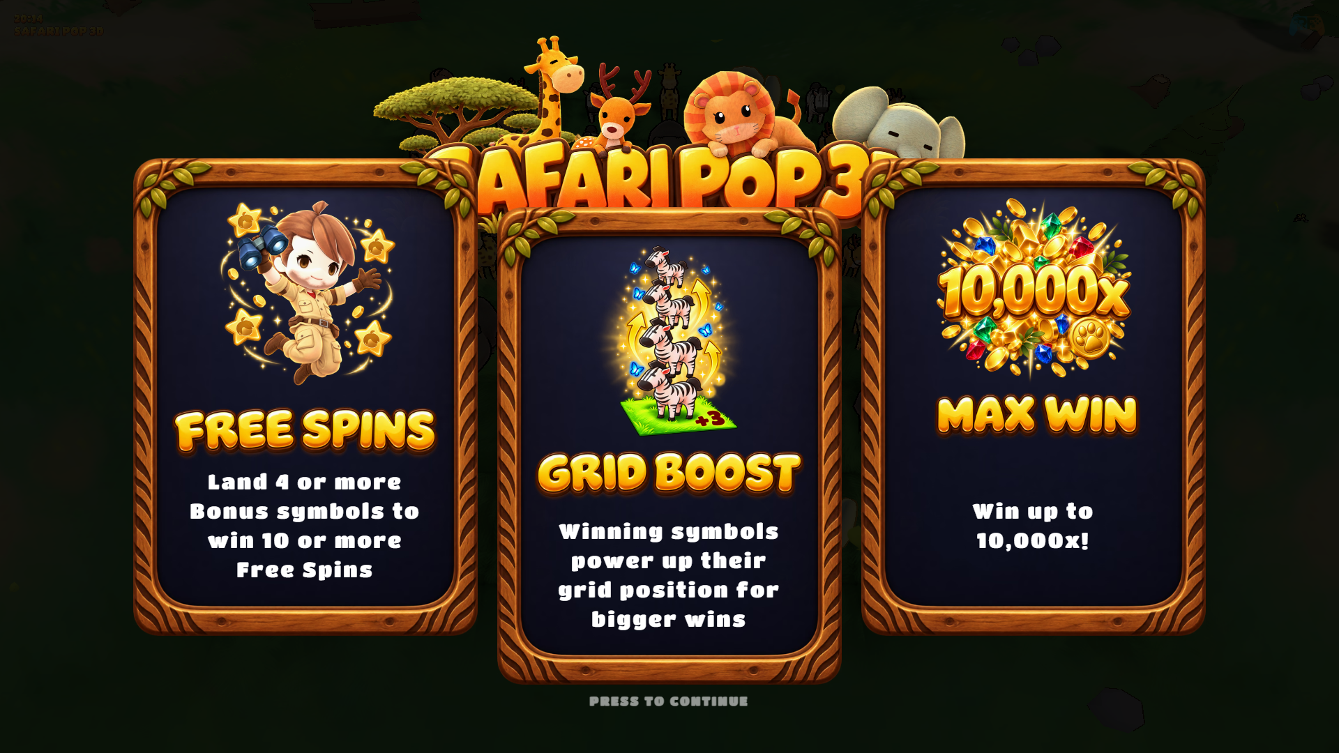 Safari Pop 3D slot intro screen