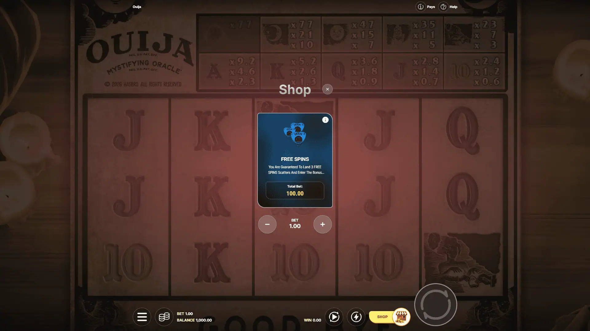 Ouija bonus buy menu