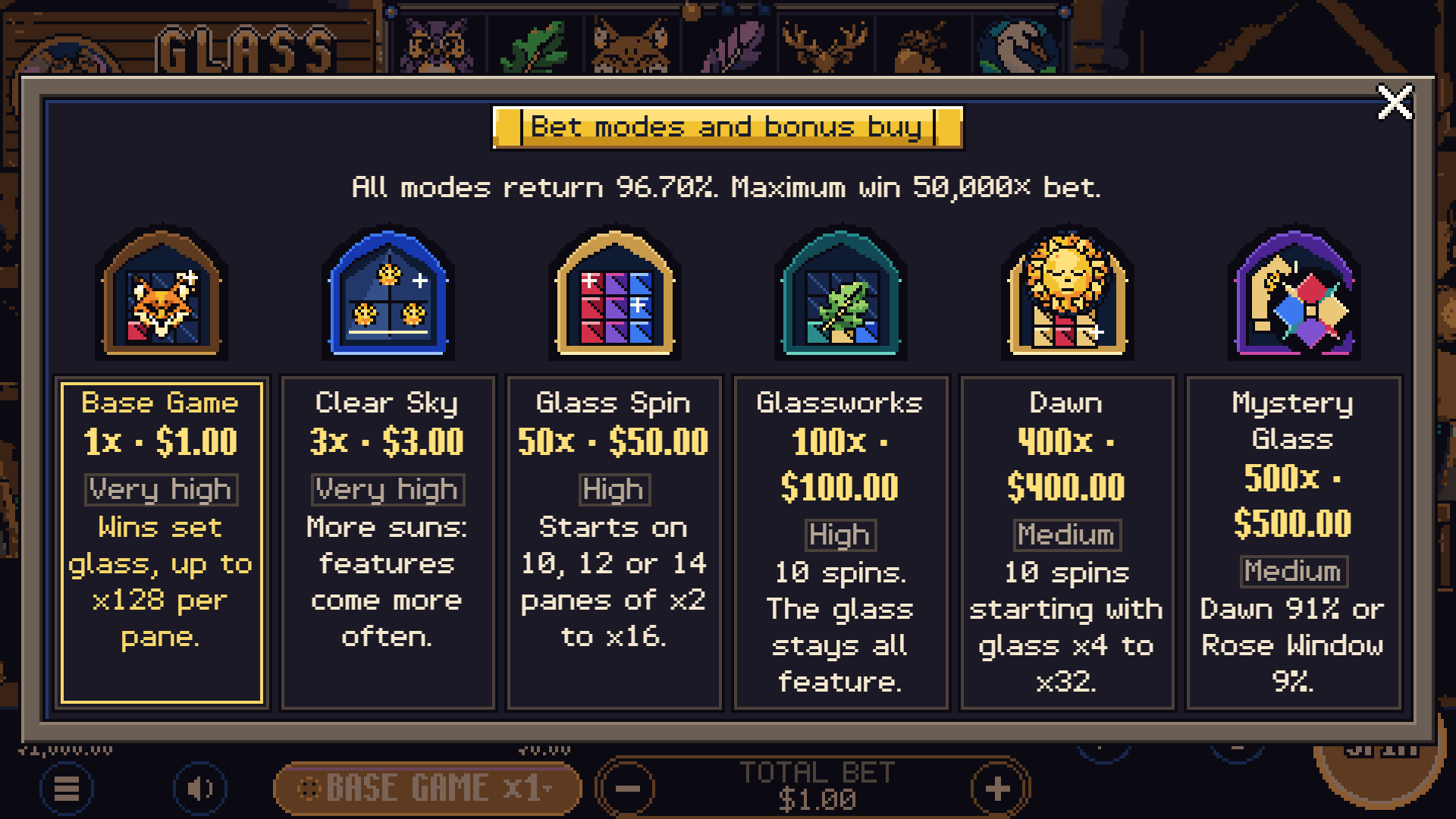 Glasswright bonus buy menu