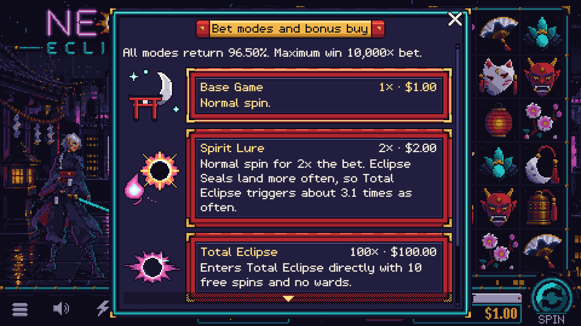 Neon Eclipse bonus buy menu