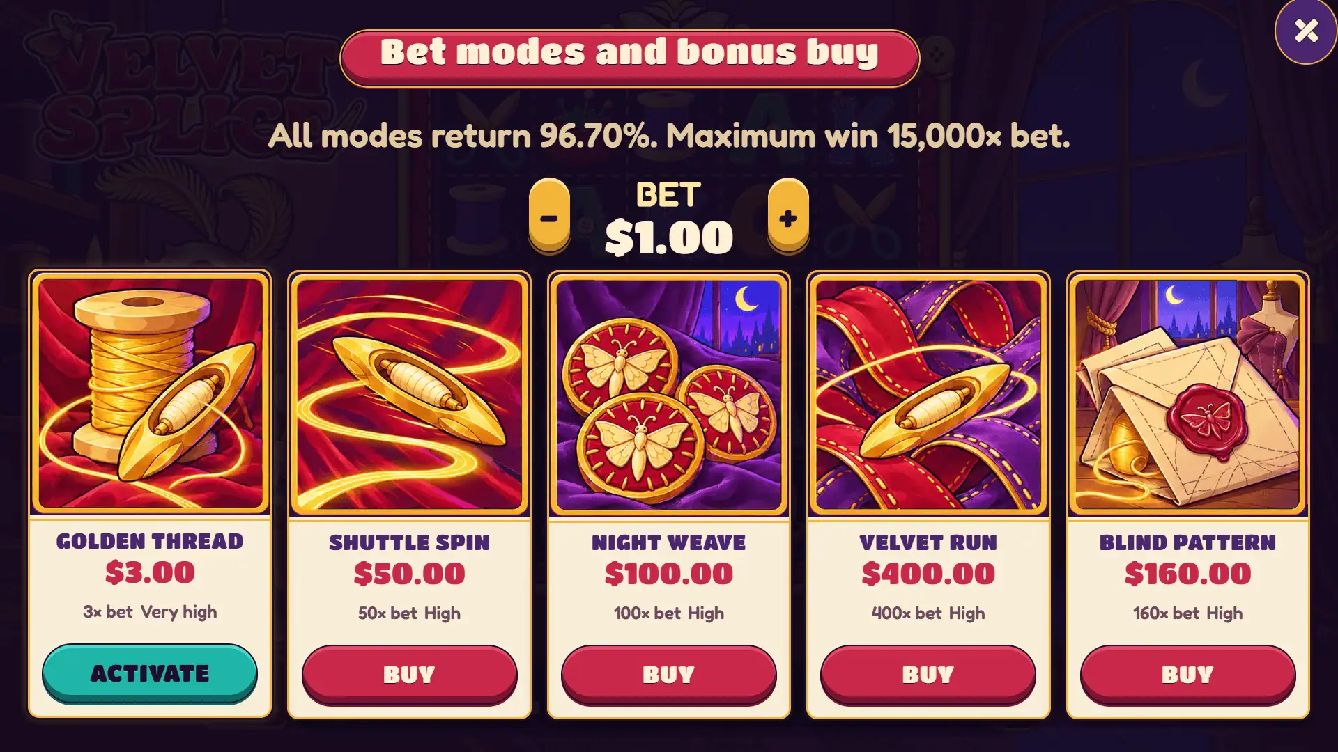 Velvet Splice bonus buy menu