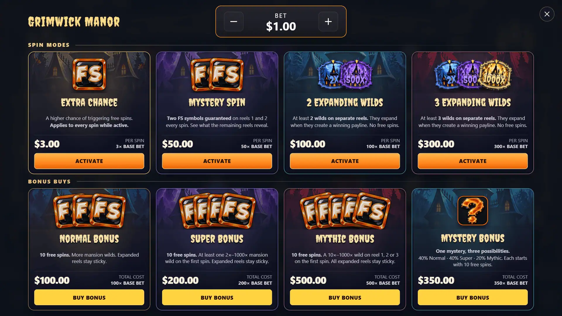 Grimwick Manor bonus buy menu