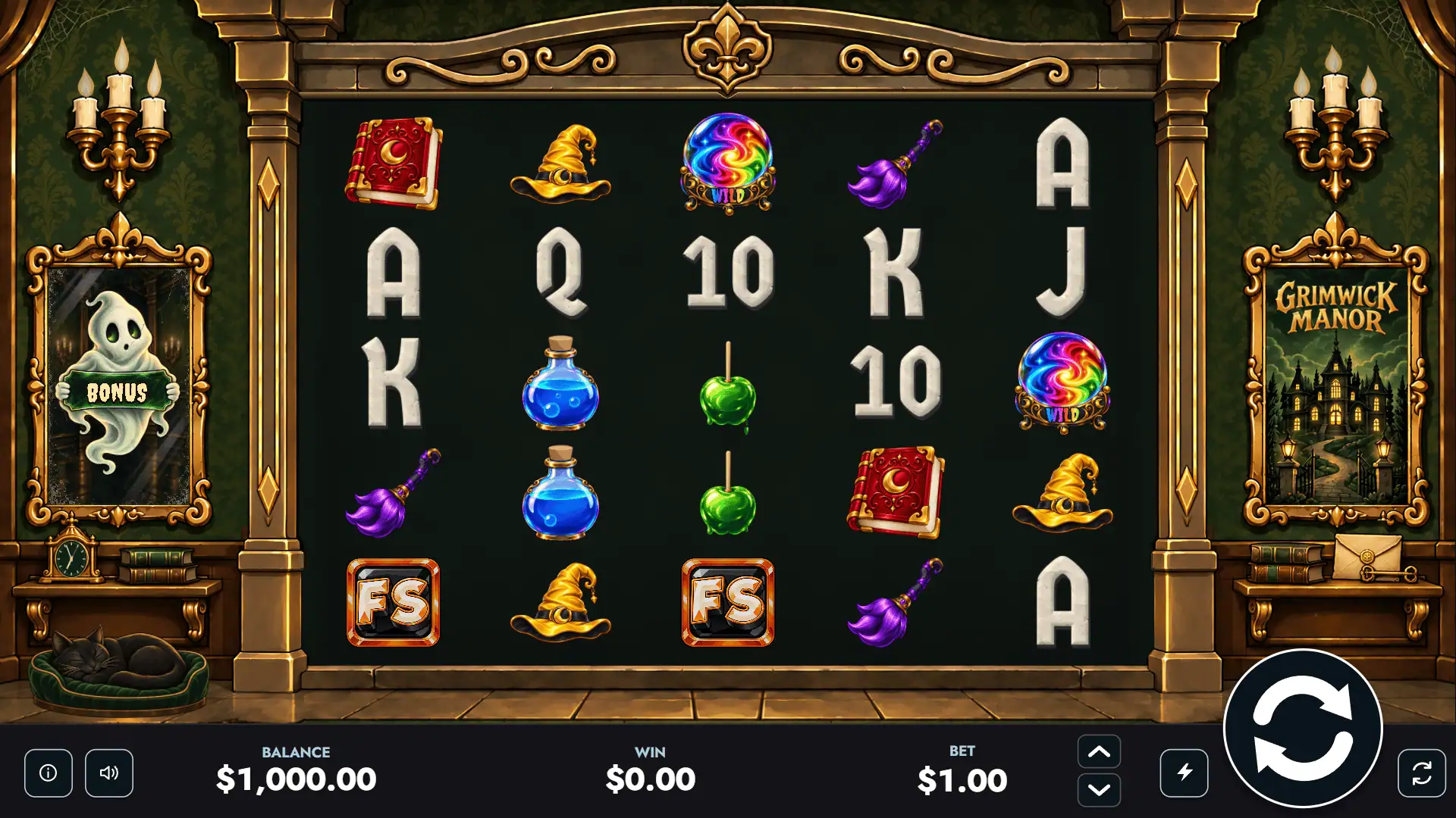 Grimwick Manor slot gameplay reels