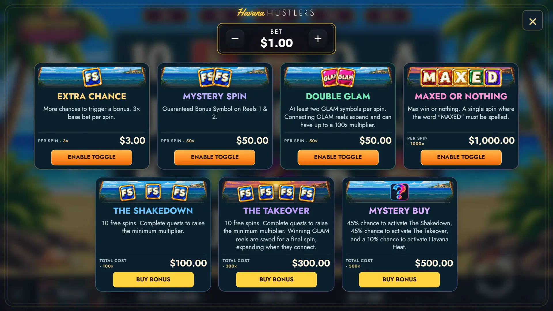 Havana Hustlers bonus buy menu