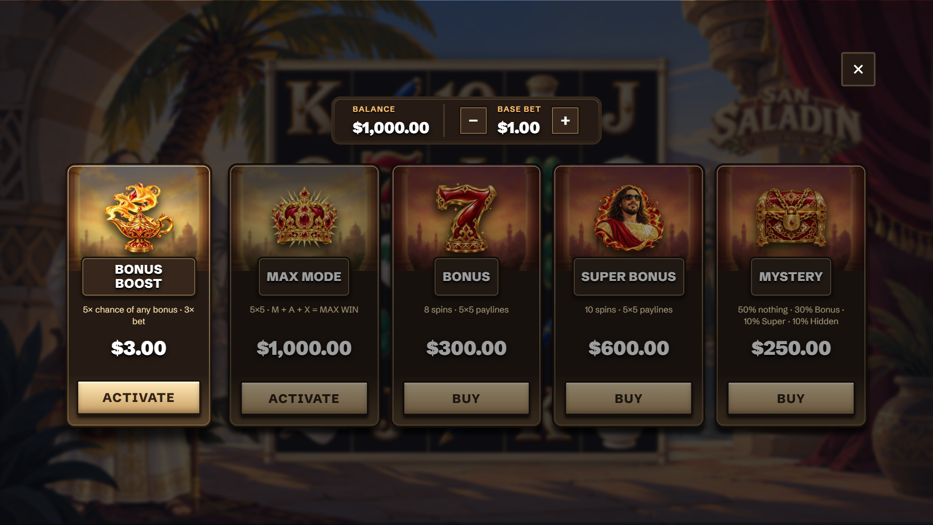 San Saladin bonus buy menu