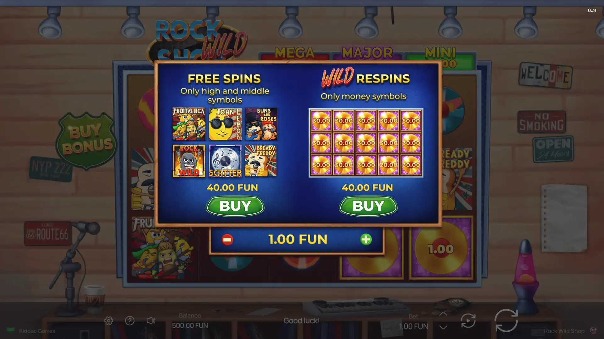Rock Wild Shop bonus buy menu