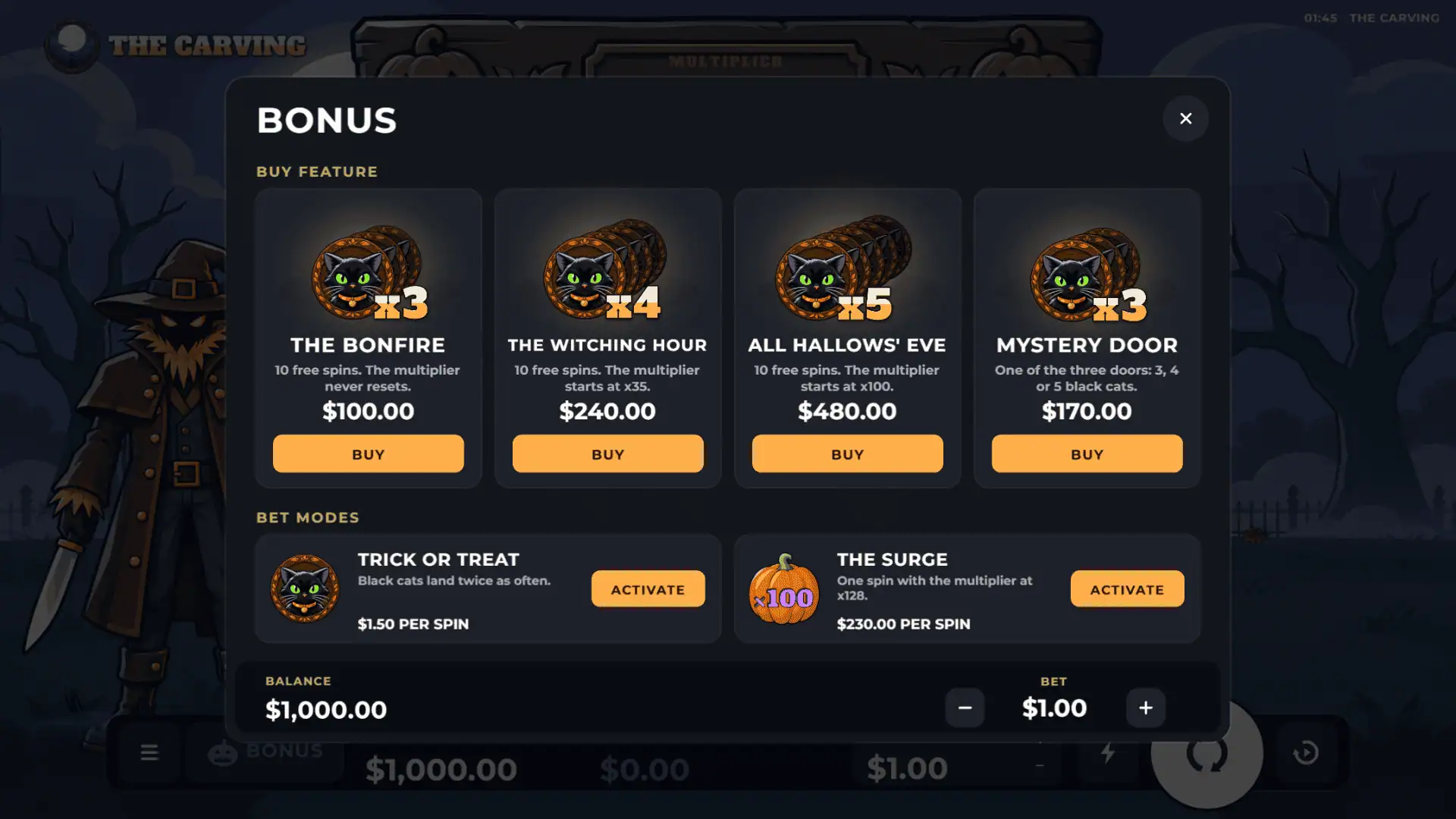The Carving bonus buy menu
