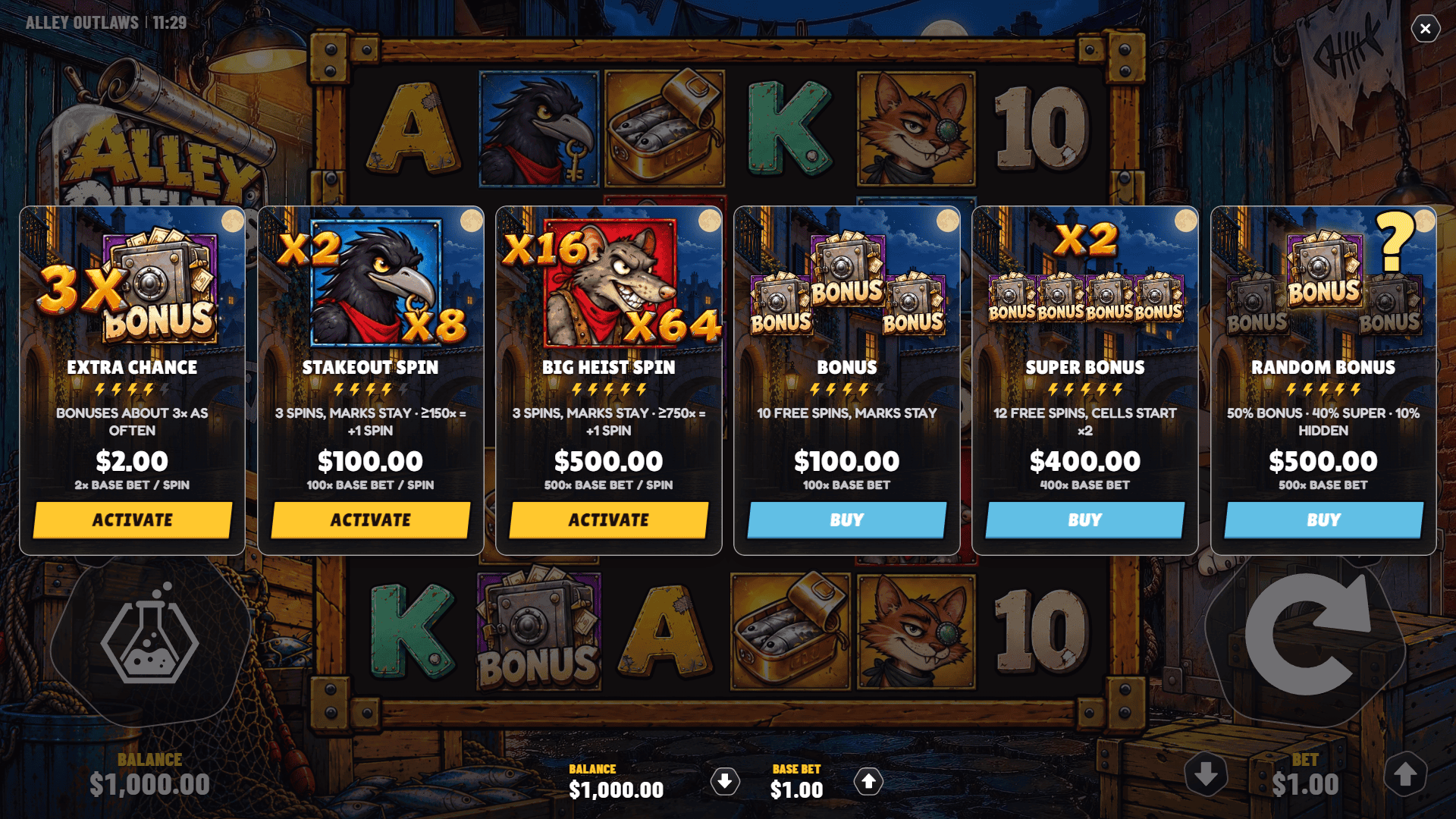Alley Outlaws bonus buy menu