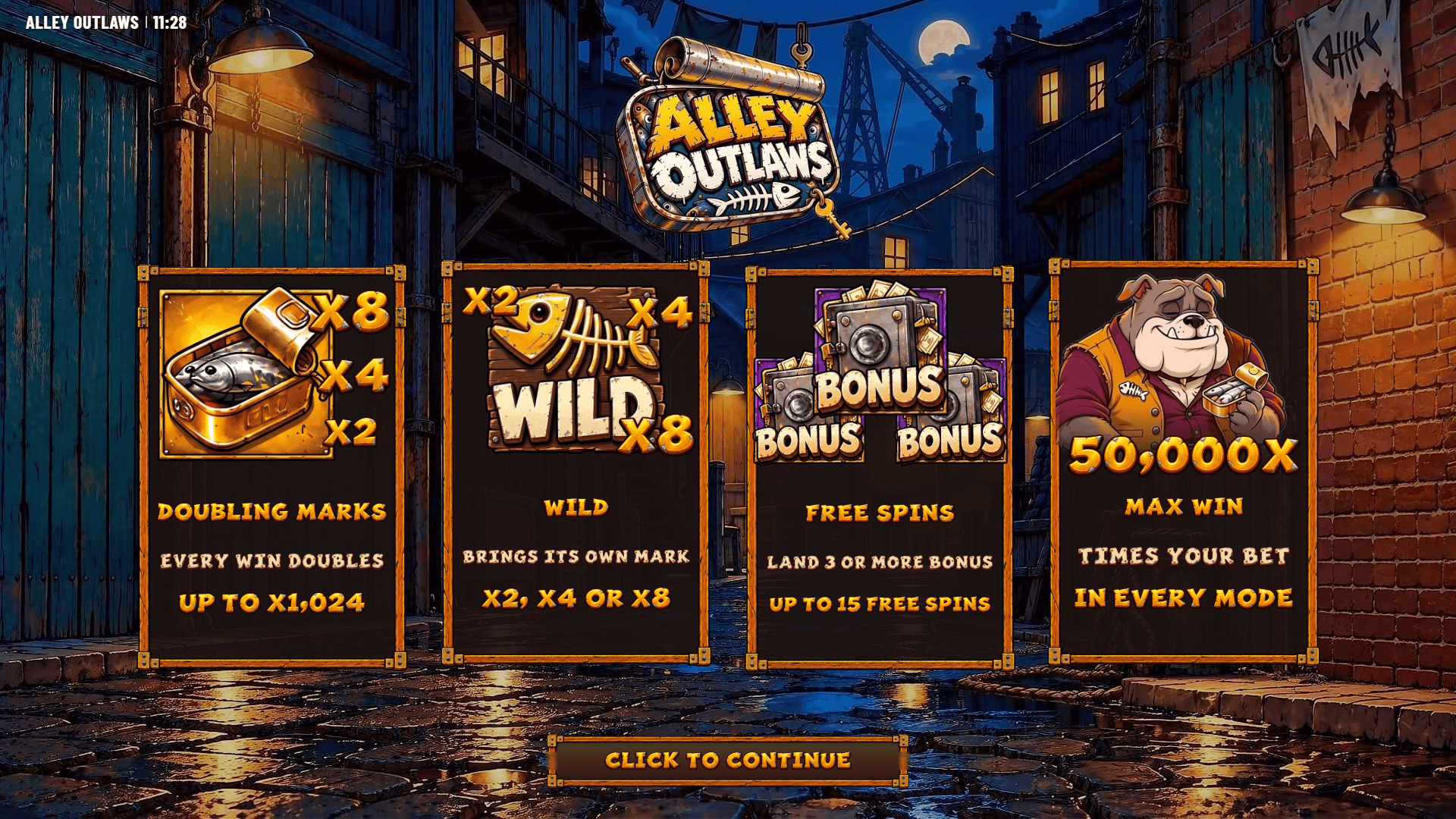 Alley Outlaws slot intro screen
