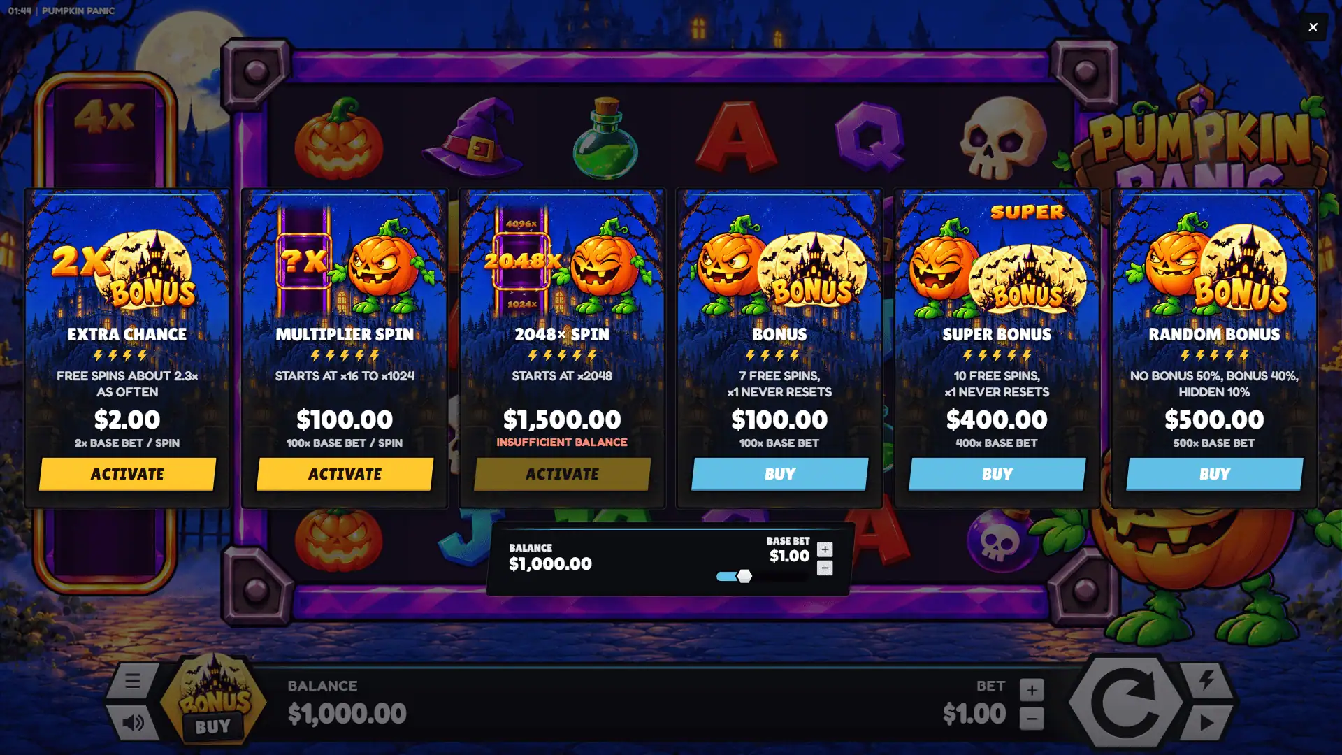 Pumpkin Panic bonus buy menu