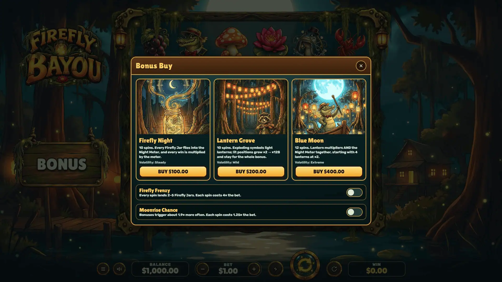 Firefly Bayou bonus buy menu