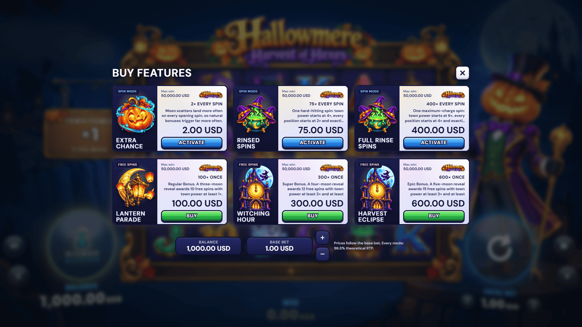 Hallowmere bonus buy menu