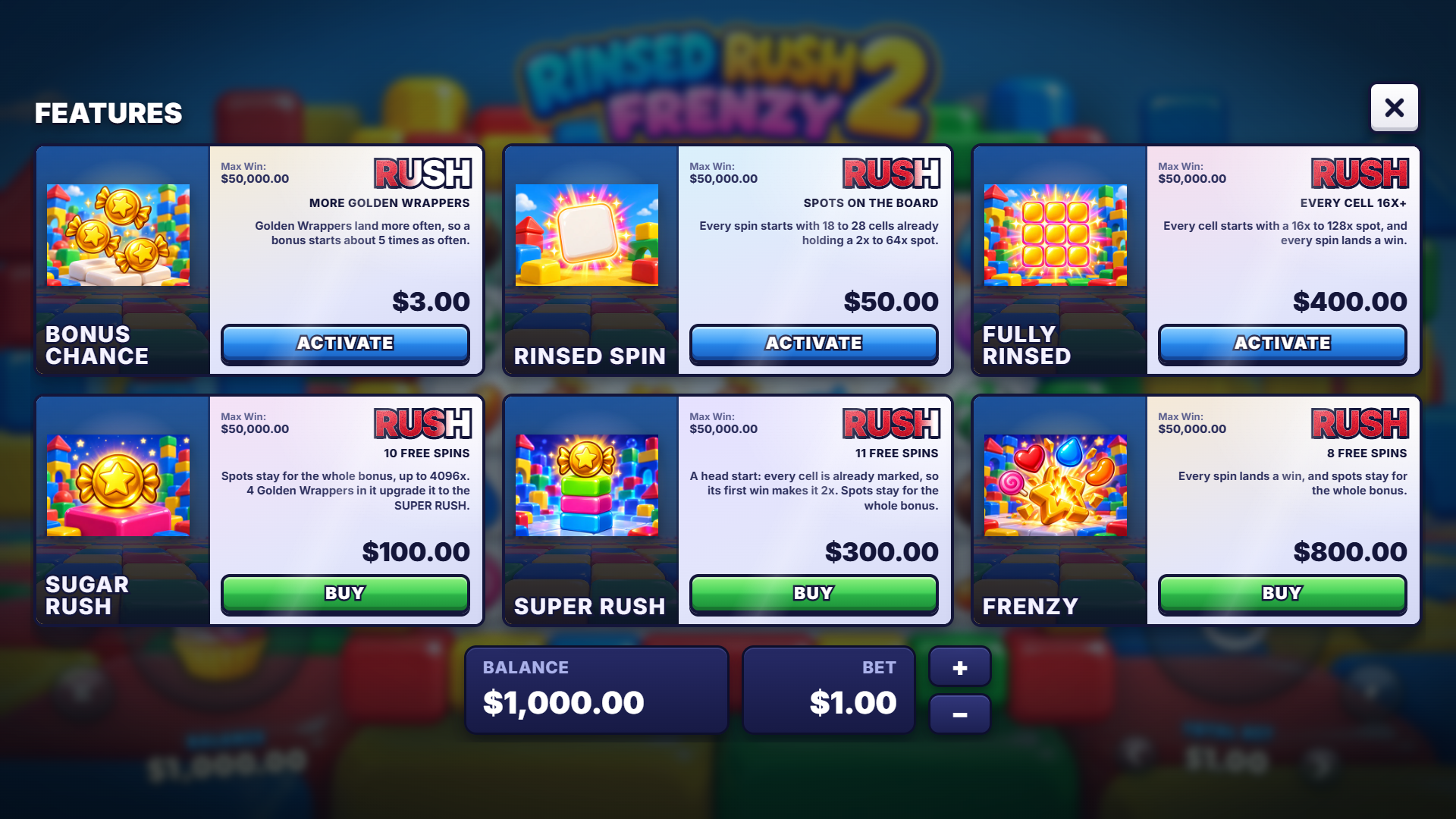 Rinsed Rush Frenzy 2 bonus buy menu