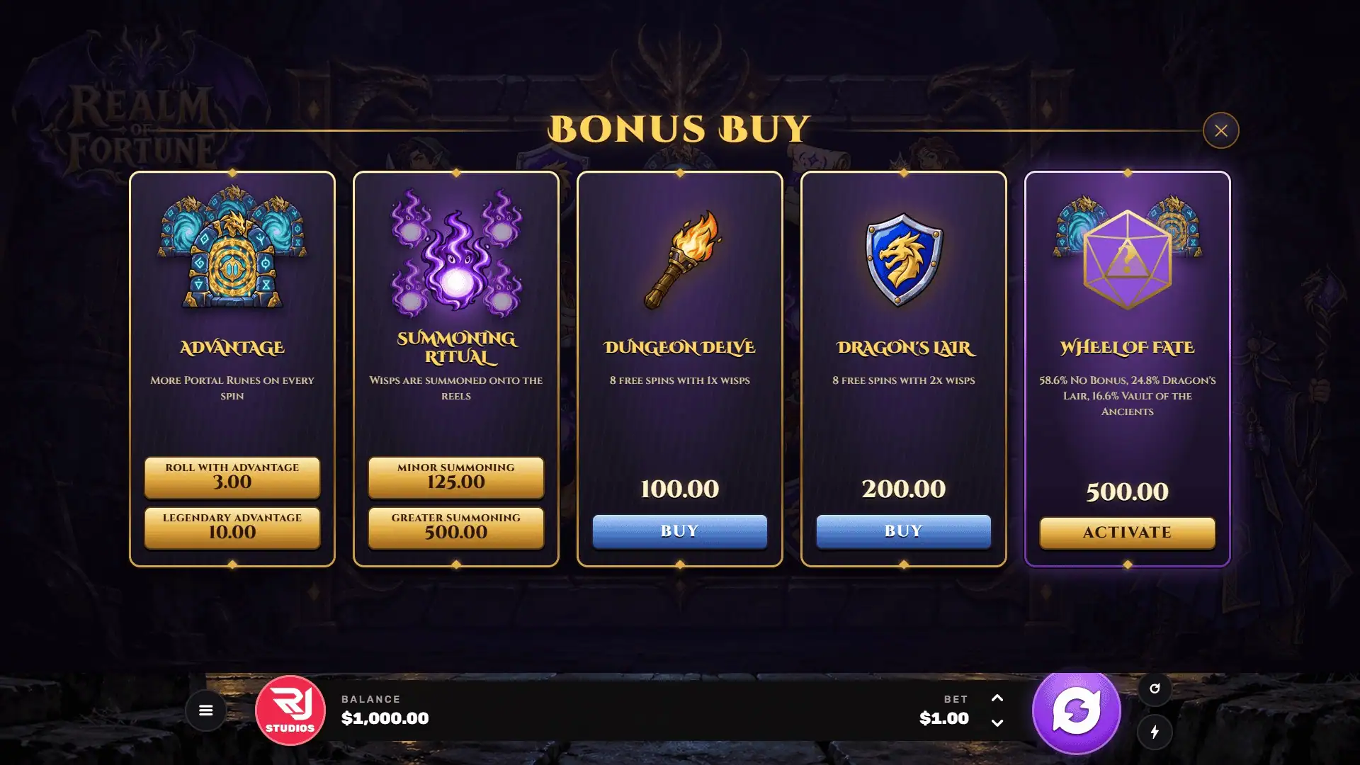 Realm Of Fortune bonus buy menu