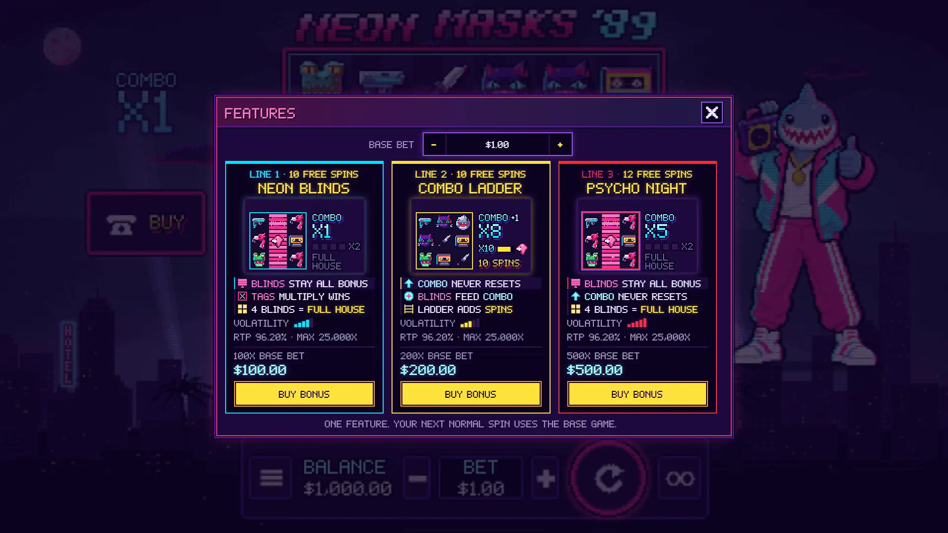 Neon Masks bonus buy menu