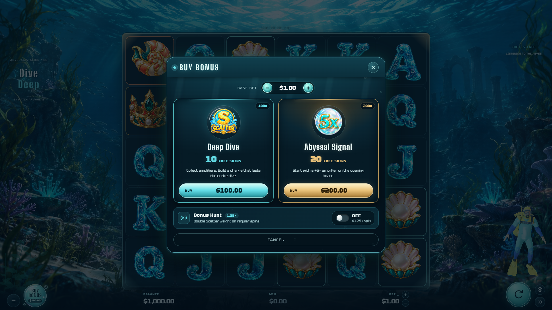 Dive Deep bonus buy menu