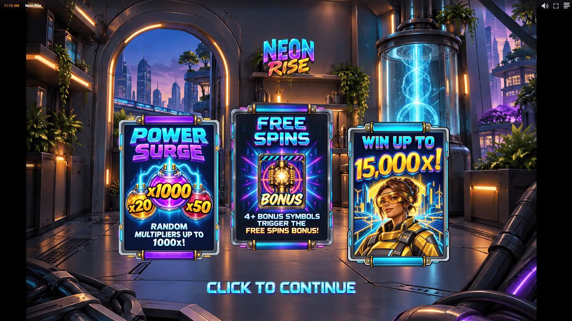 Neon Rise slot intro screen