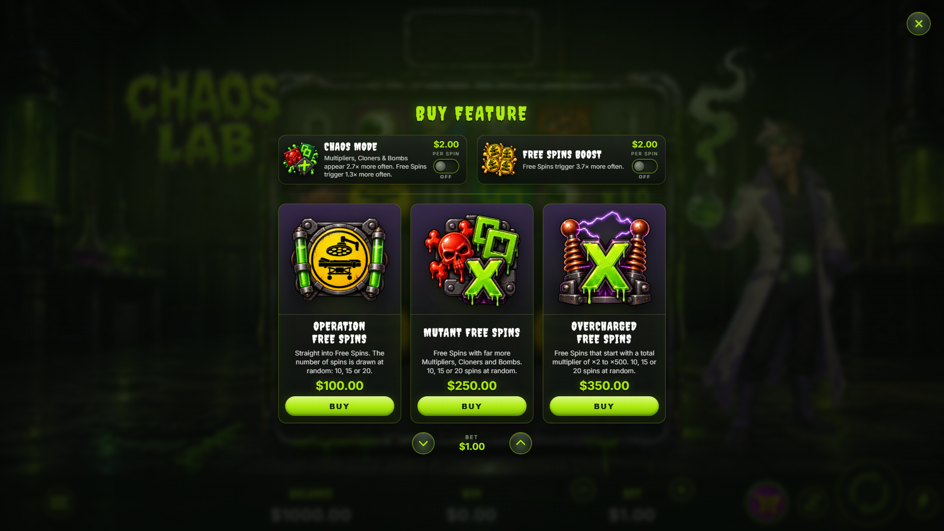 Chaos Lab bonus buy menu