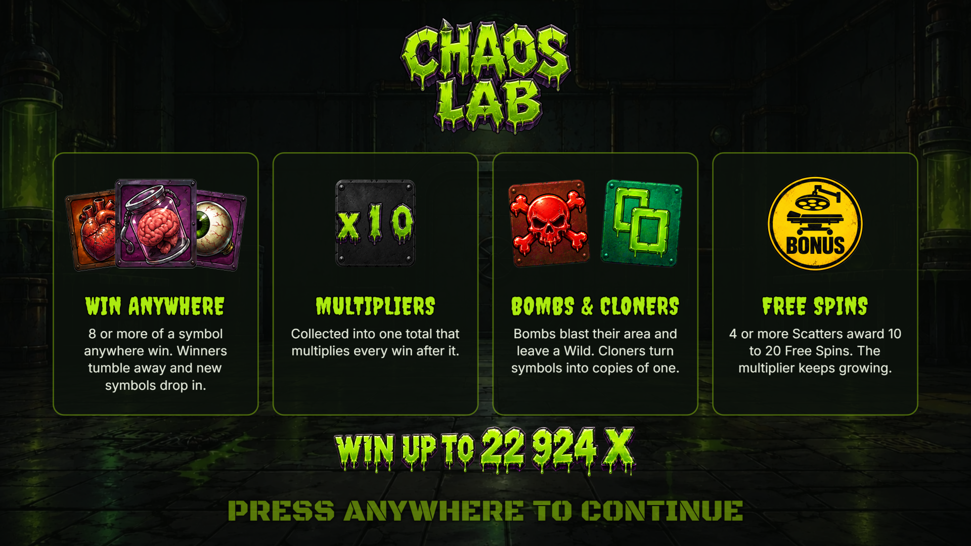 Chaos Lab slot intro screen