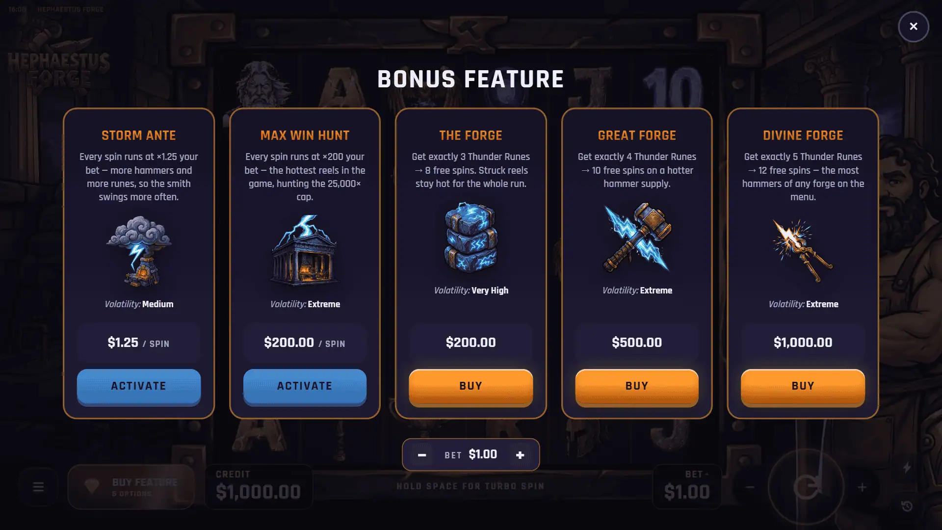 Hephaestus Forge bonus buy menu