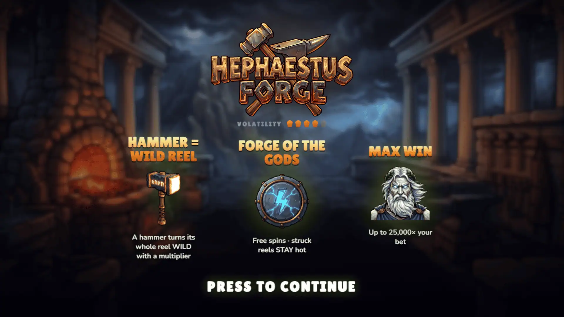 Hephaestus Forge slot intro screen