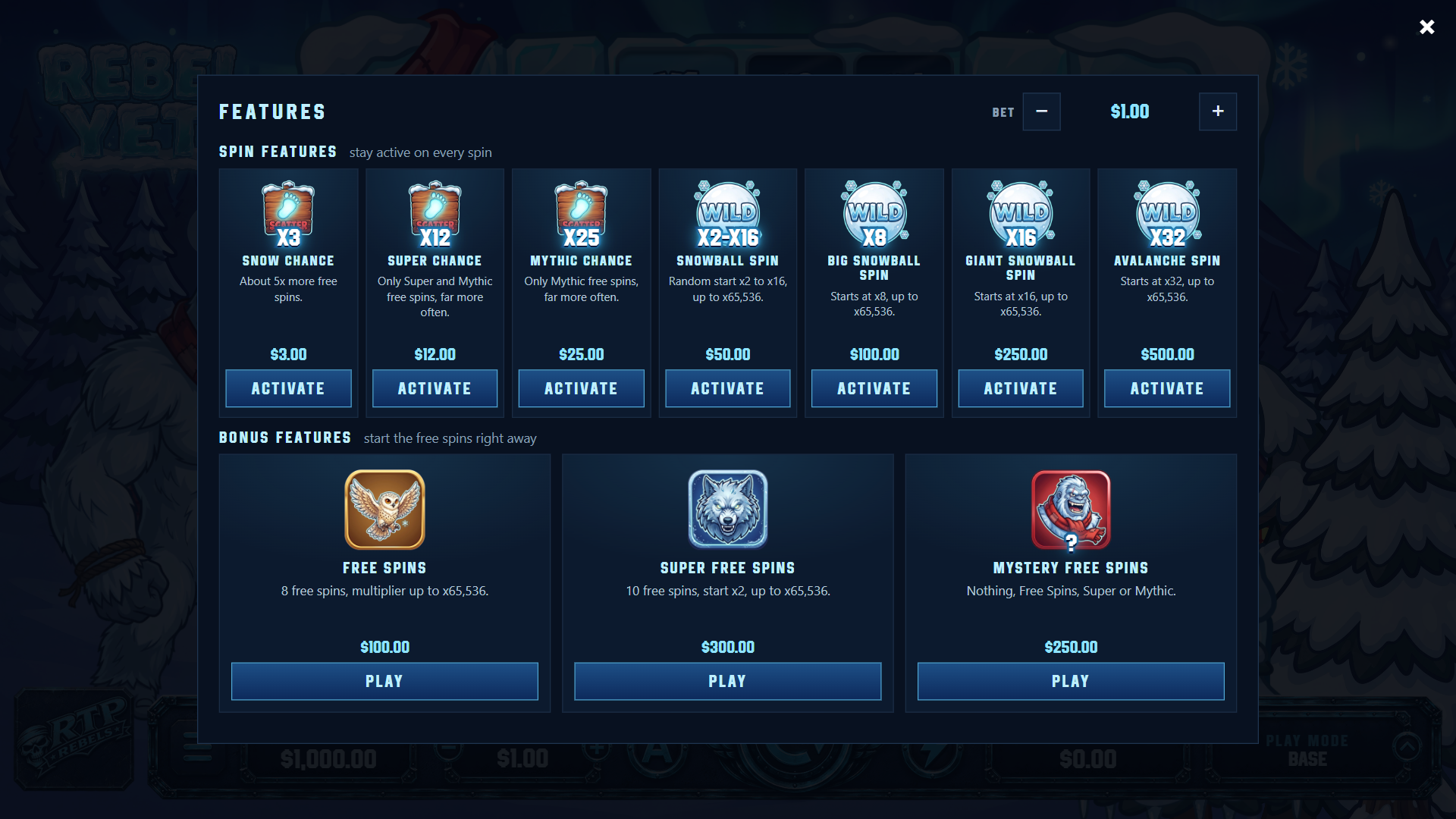 Rebel Yeti bonus buy menu
