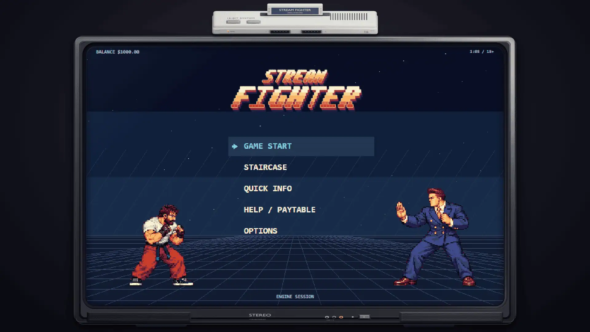 Stream Fighter main menu with Game Start and Staircase