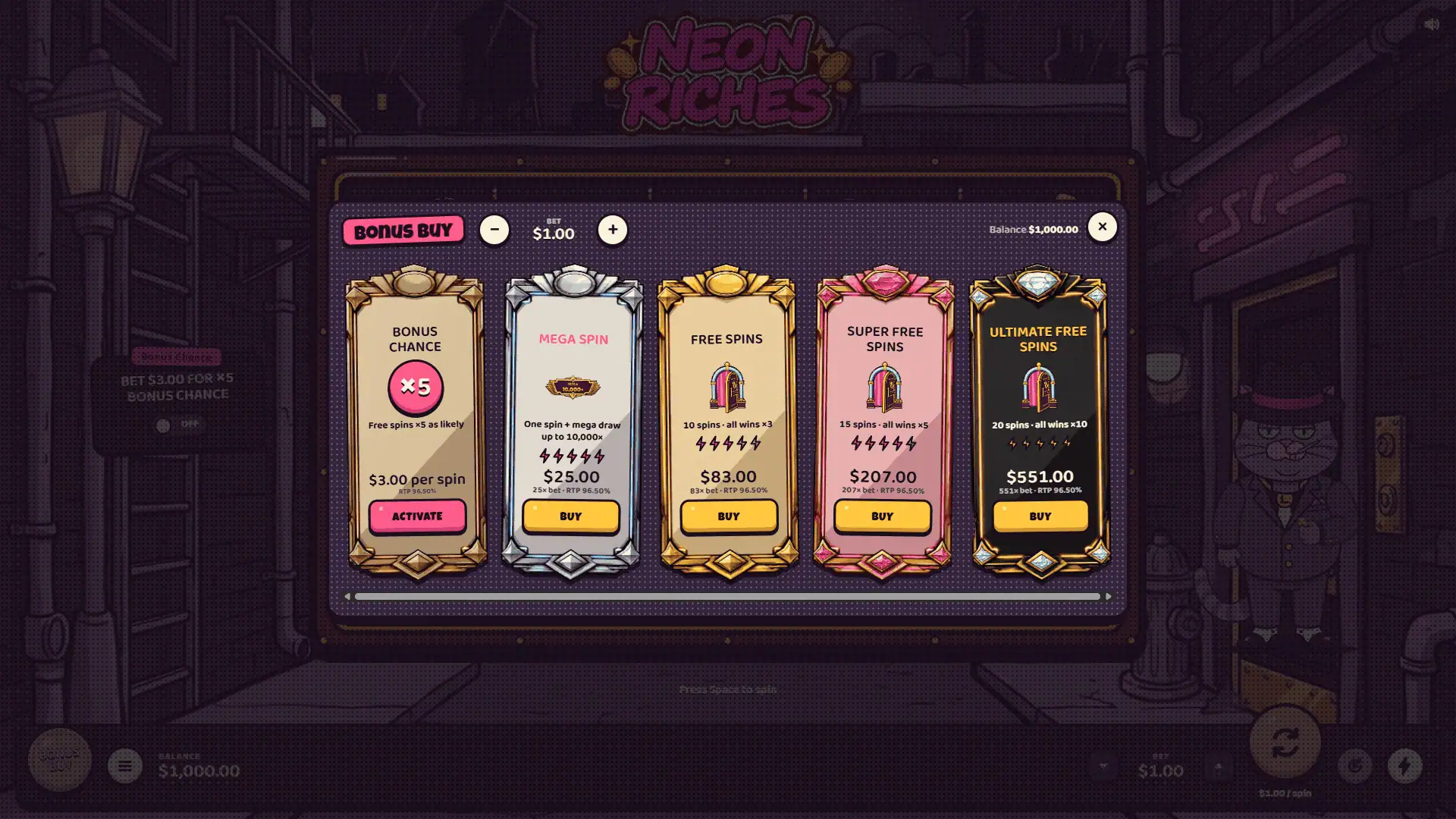 Neon Riches bonus buy menu