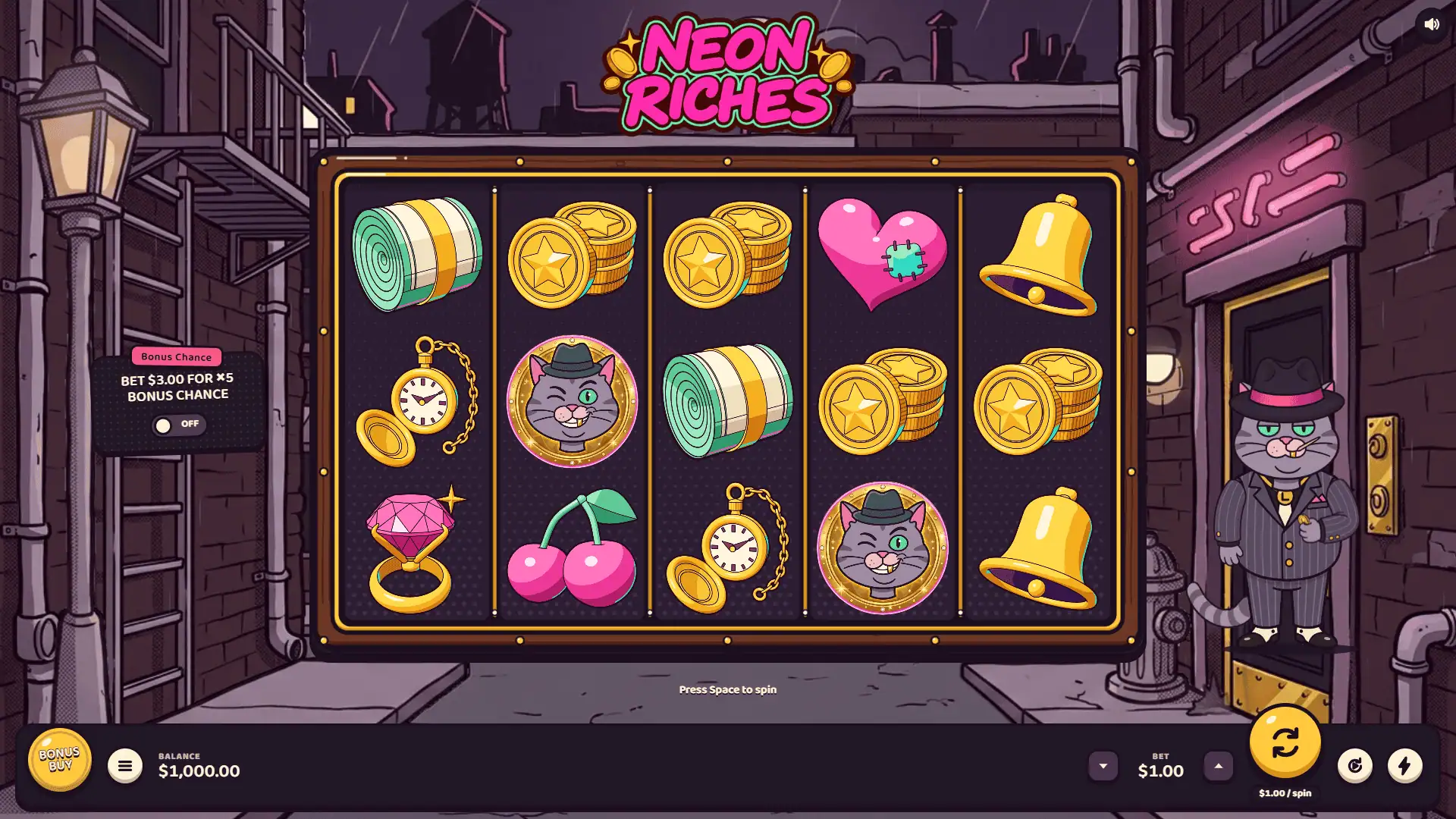 Neon Riches slot gameplay reels