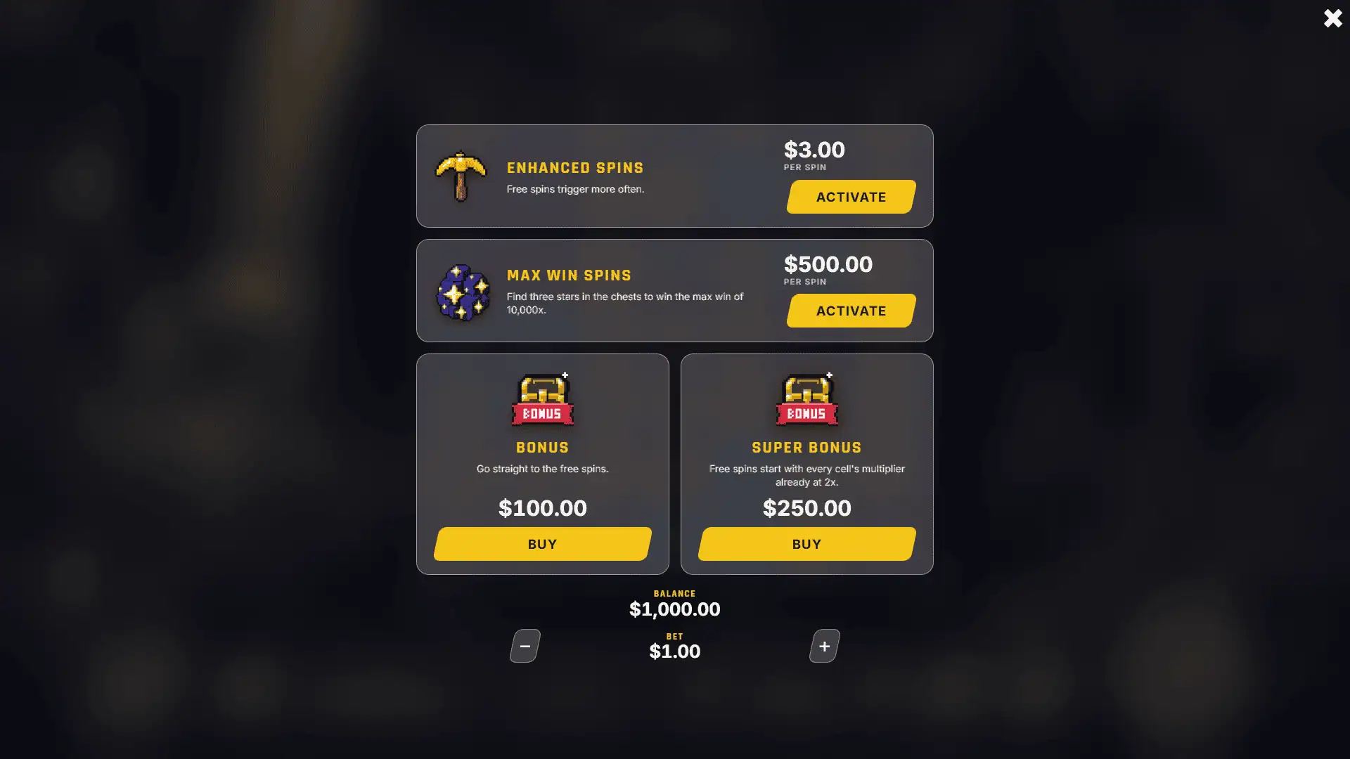 Pixel Mine bonus buy menu